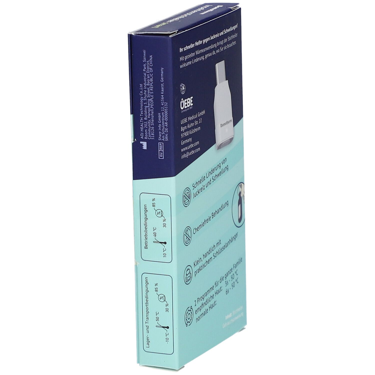 Seite der Verpackung von Domotherm Insektenstichheiler smart. Text: Schnelle Linderung von Juckreiz und Schwellung. Betriebstemperatur.