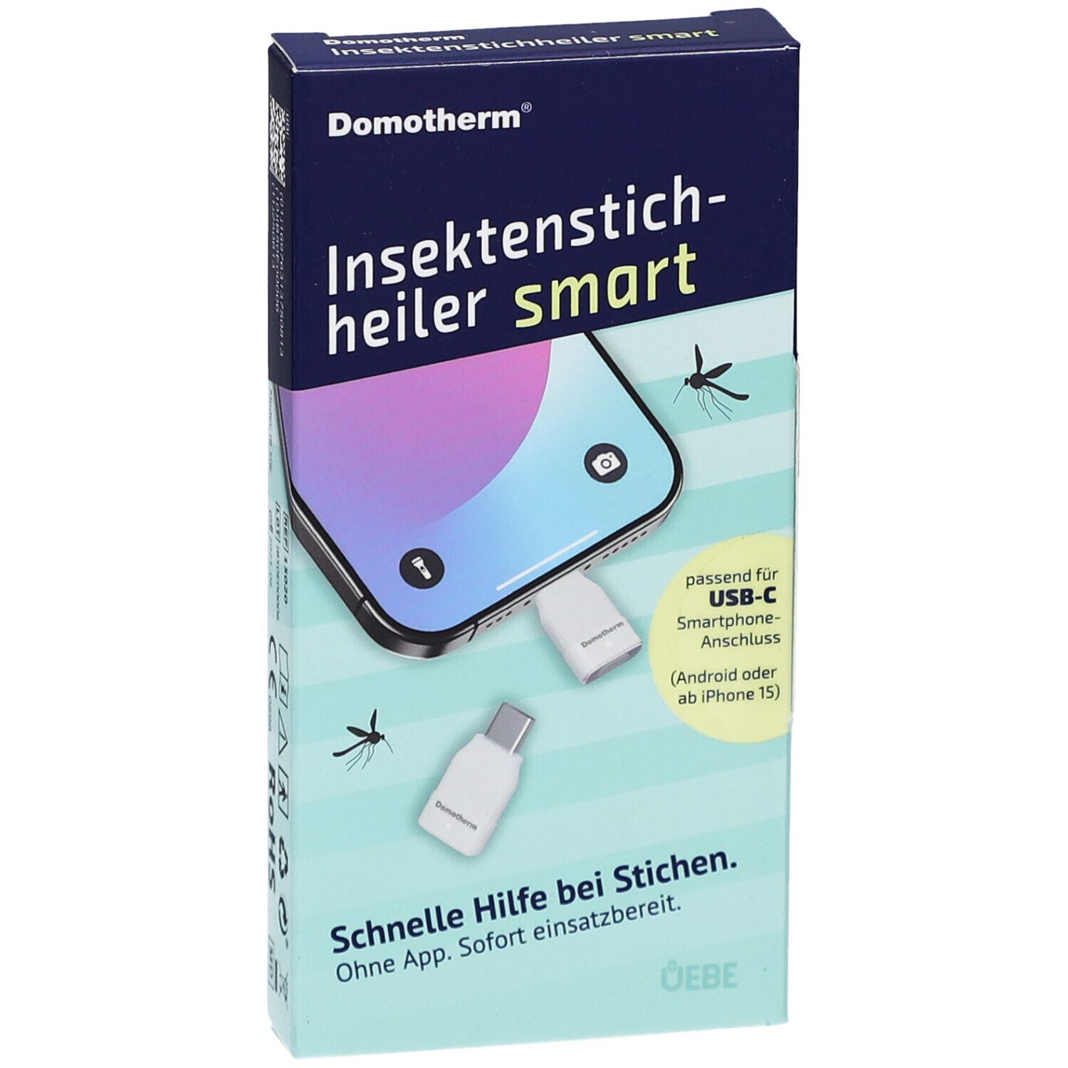 Verpackung von Domotherm Insektenstichheiler smart. Enthält USB-C-Anschluss. Text: Schnelle Hilfe bei Stichen.