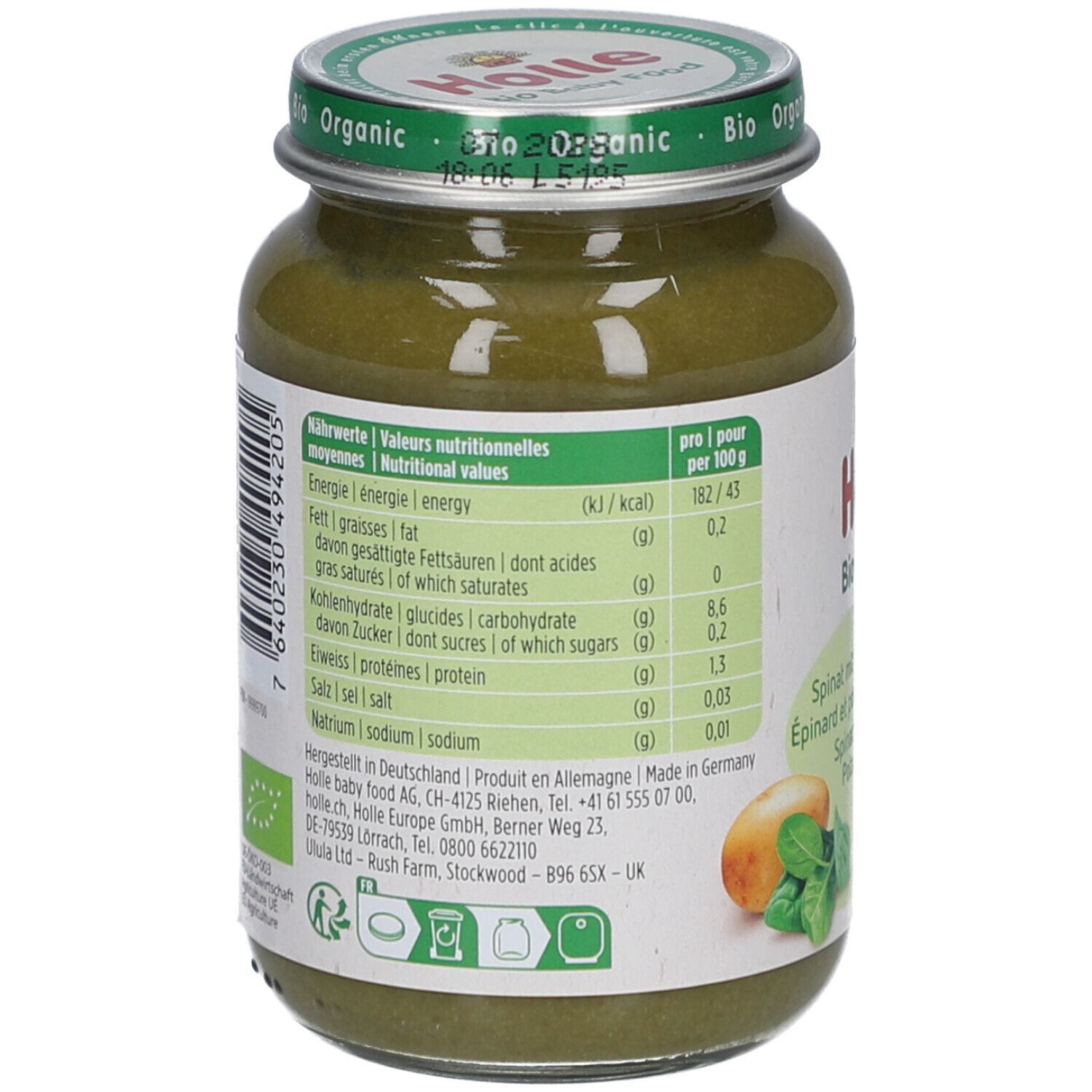 Rückseite des Glases mit Holle Bio-Organic Spinat mit Kartoffeln. Nährwerttabelle in Deutsch und Französisch.