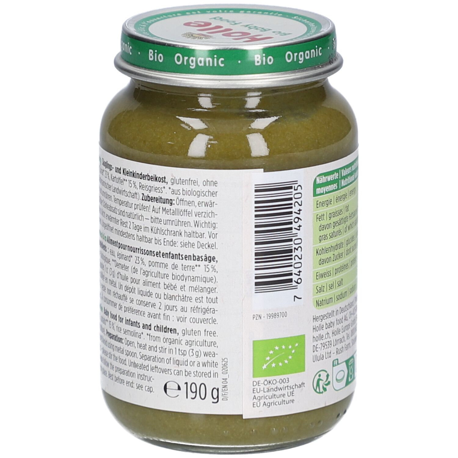 Rückseite des Glases mit Holle Bio-Organic Spinat mit Kartoffeln. Text in Deutsch und Französisch. E190g.