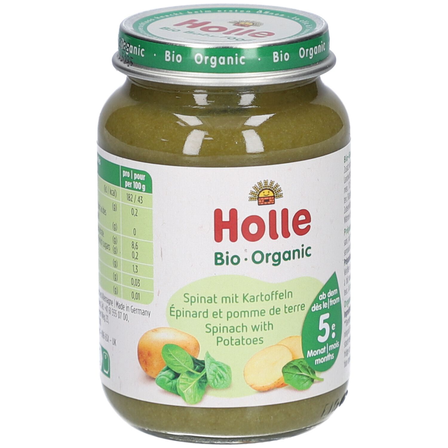 Glas mit Holle Bio-Organic Spinat mit Kartoffeln. Ab dem 5. Monat. Abbildung von Kartoffeln und Spinat.