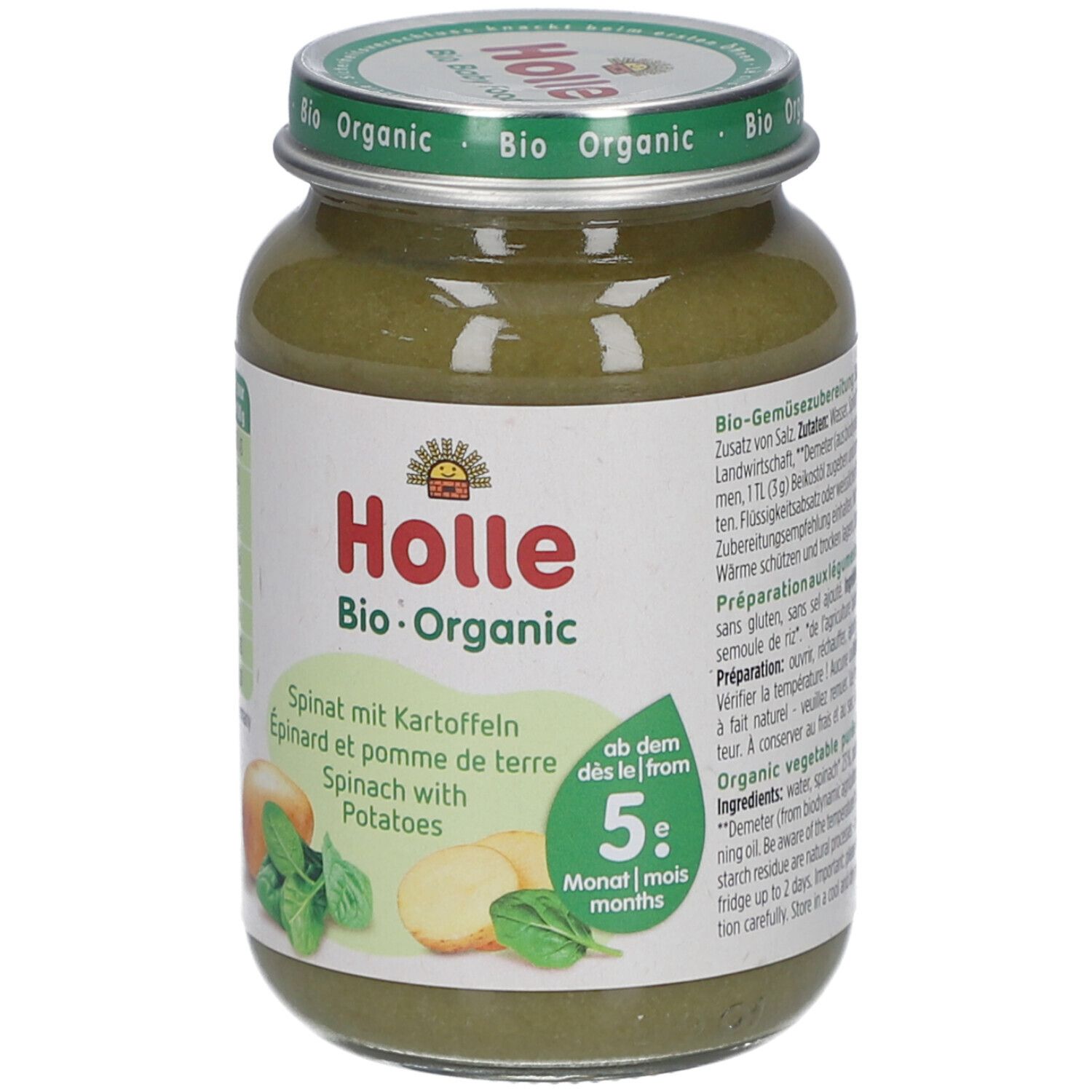 Glas mit Holle Bio-Organic Spinat mit Kartoffeln. Ab dem 5. Monat. Text in Deutsch und Französisch.