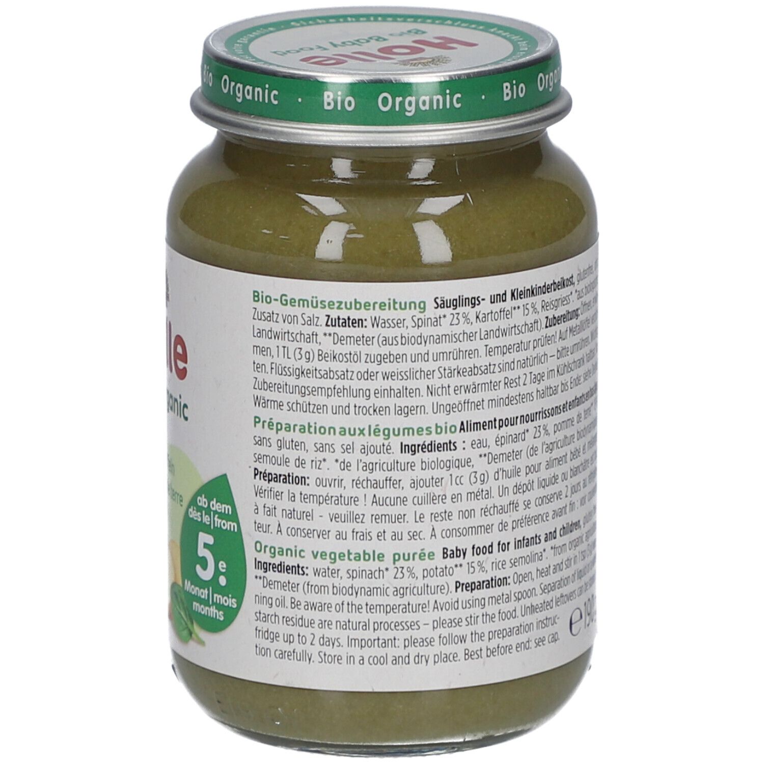 Rückseite des Glases mit Holle Bio-Organic Spinat mit Kartoffeln. Zutatenliste und Zubereitungshinweise.