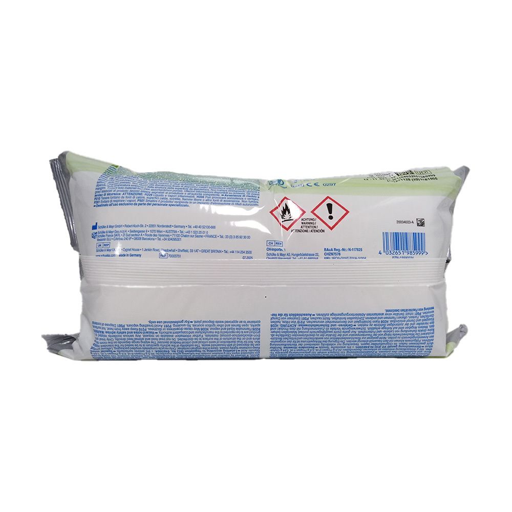 Rückseite der mikrozid® universal p wipes premium Packung. Text und Piktogramme. Barcode und Warnhinweise.