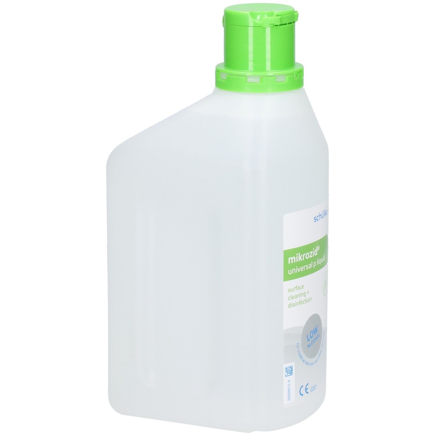 Flasche MIKROZID universal p liquid. Weißes, rechteckiges Gefäß mit grünem Deckel. Seitenansicht.