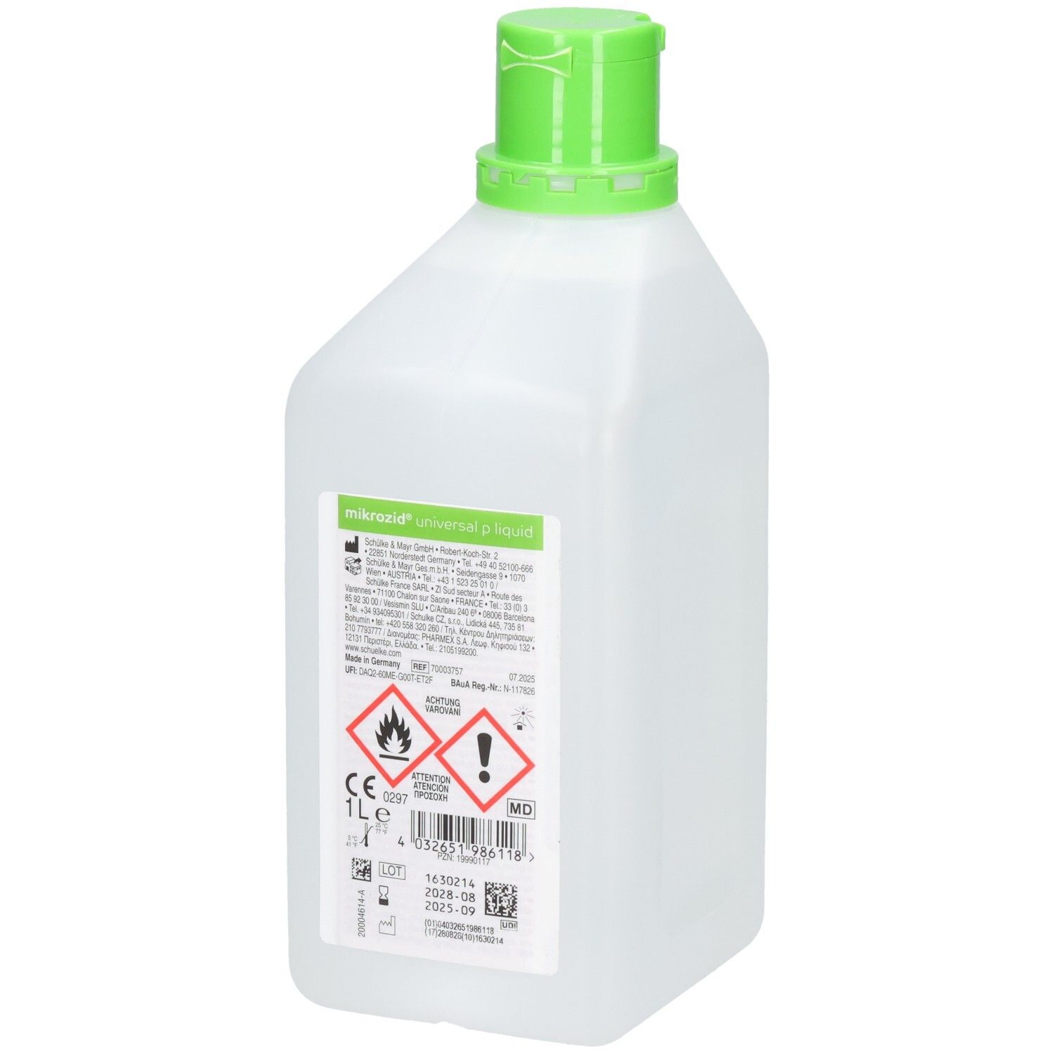 Flasche MIKROZID universal p liquid. Rückseite mit Etikett. Gefahrensymbole und Produktinformationen.