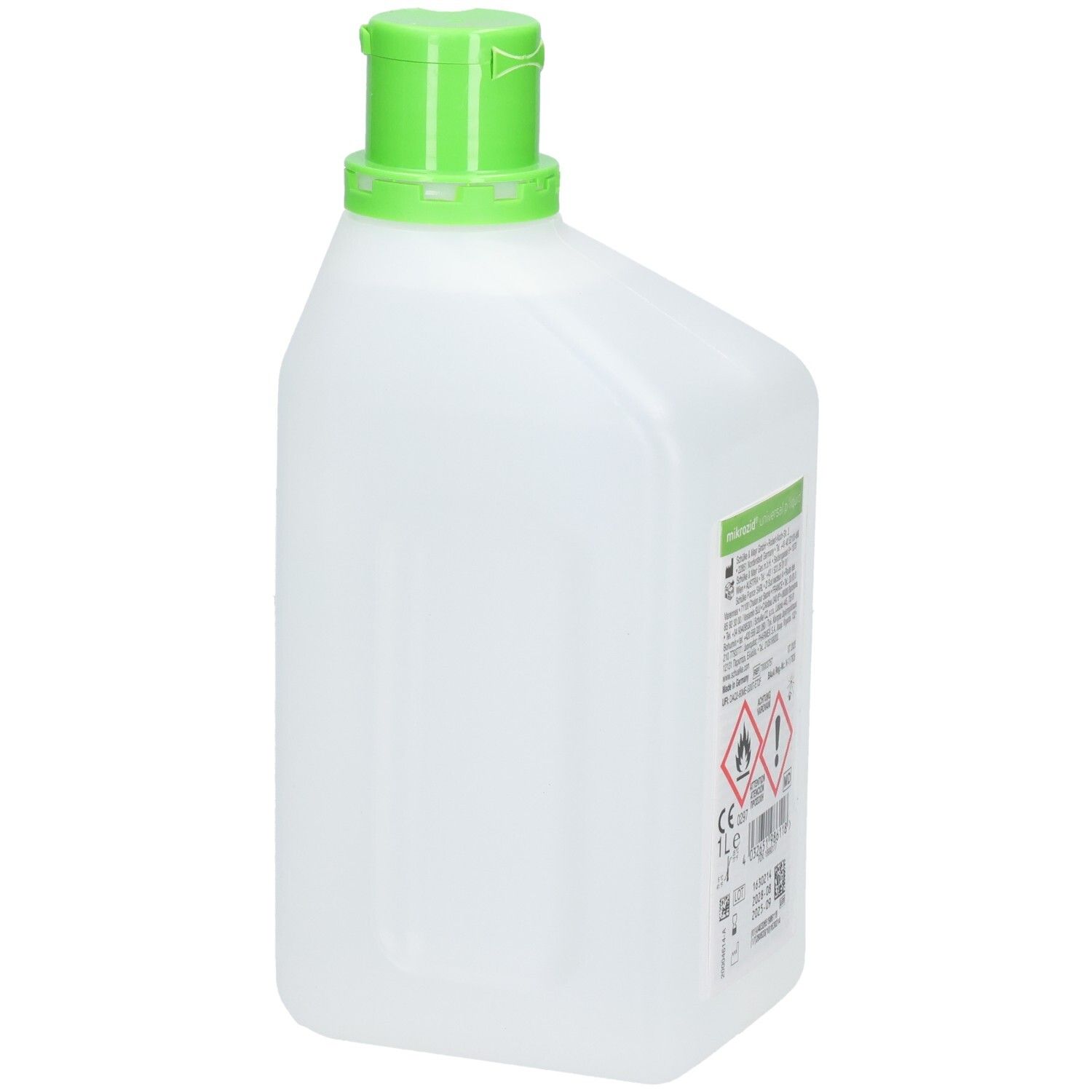 Flasche MIKROZID universal p liquid. Seitenansicht mit Etikett. Gefahrensymbole und Produktinformationen.