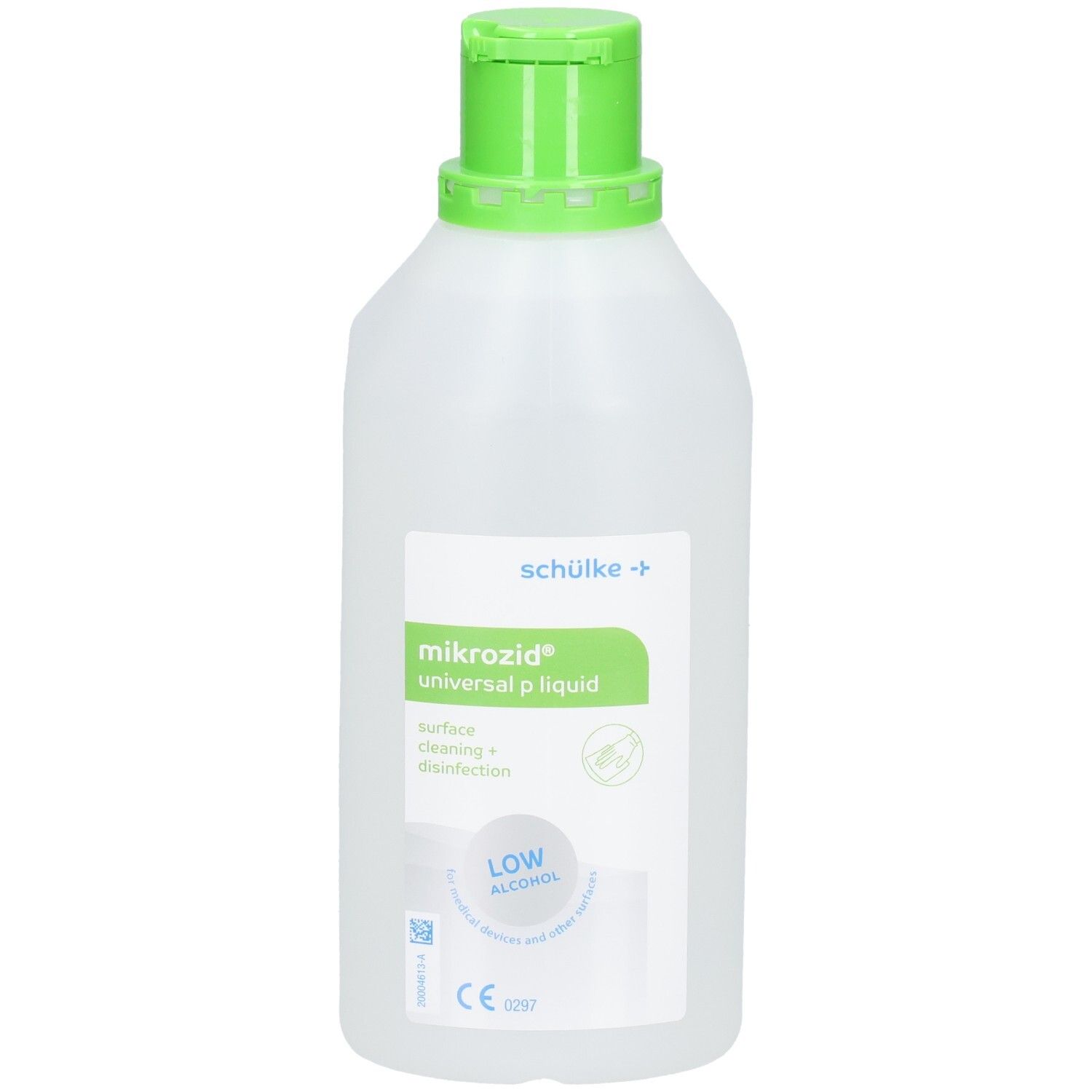 Flasche MIKROZID universal p liquid. Weißes, rechteckiges Gefäß mit grünem Deckel. Frontansicht.