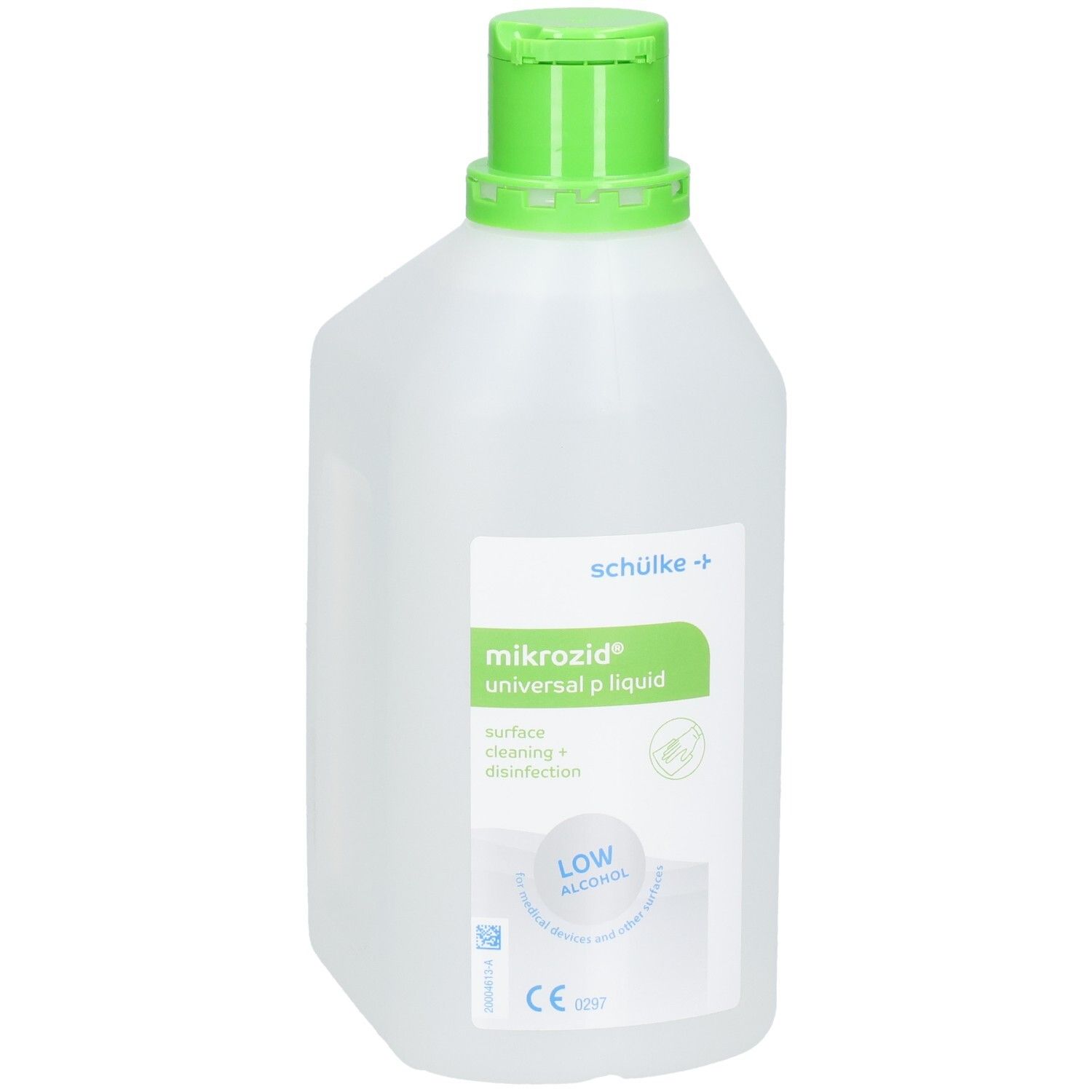 Flasche MIKROZID universal p liquid. Weißes, rechteckiges Gefäß mit grünem Deckel. Frontansicht.
