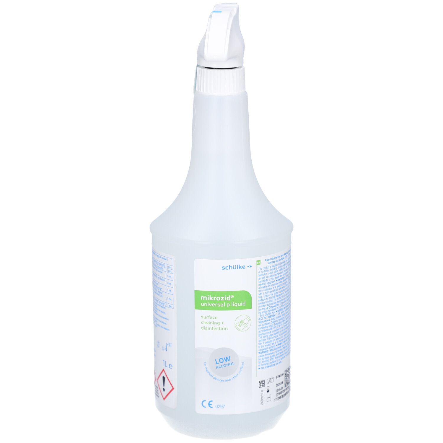 Transparente Sprühflasche mit weißem Sprühkopf. Aufschrift: mikrozid® universal liquid. Logo und Warnhinweise.