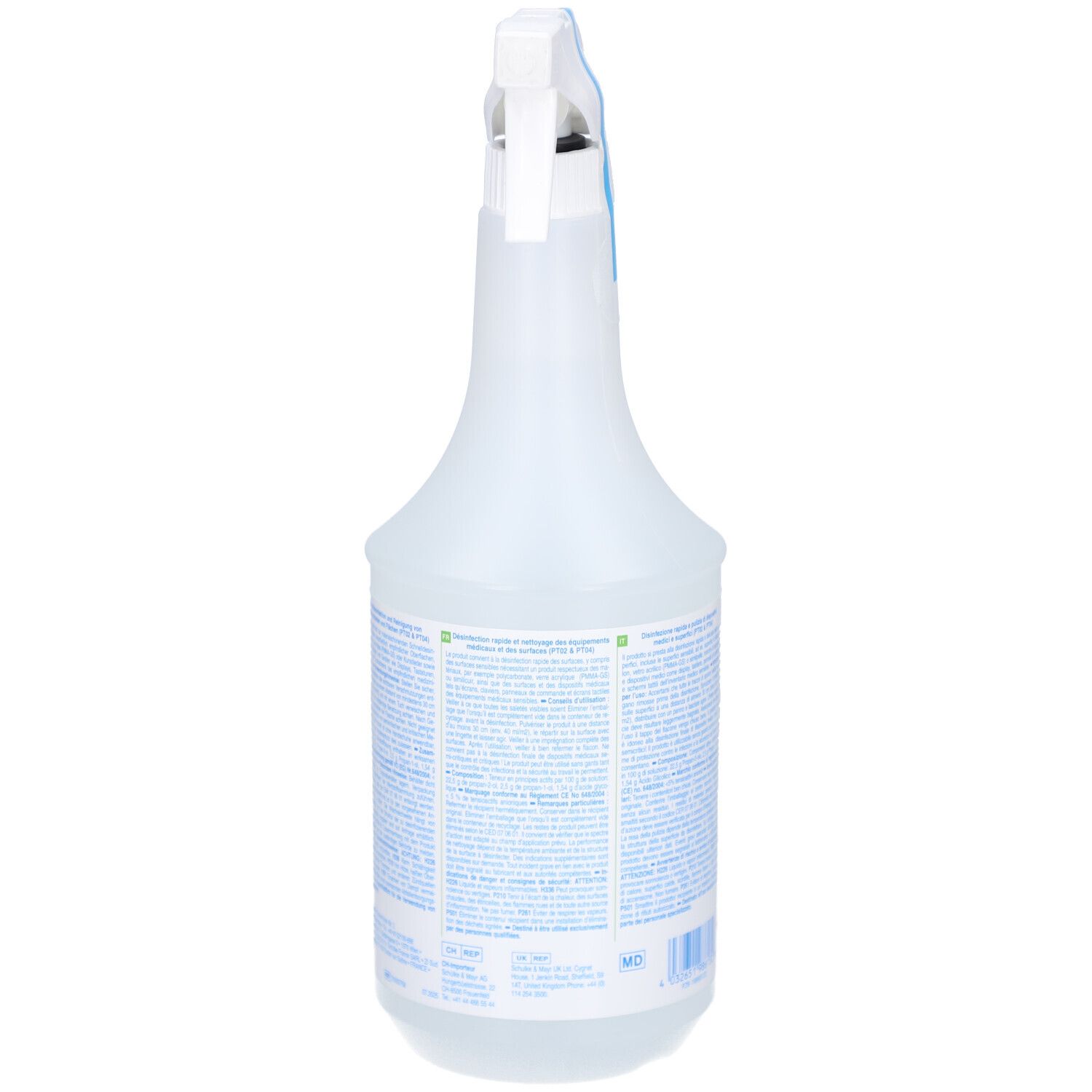 Rückansicht einer transparenten Sprühflasche. Text und Warnhinweise auf blauem Hintergrund.