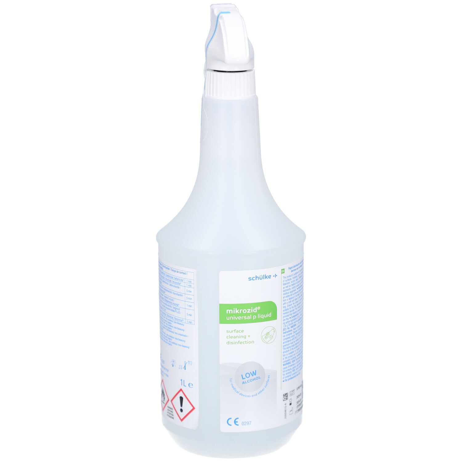 Transparente Sprühflasche mit weißem Sprühkopf. Aufschrift: mikrozid® universal liquid. Logo und Warnhinweise.