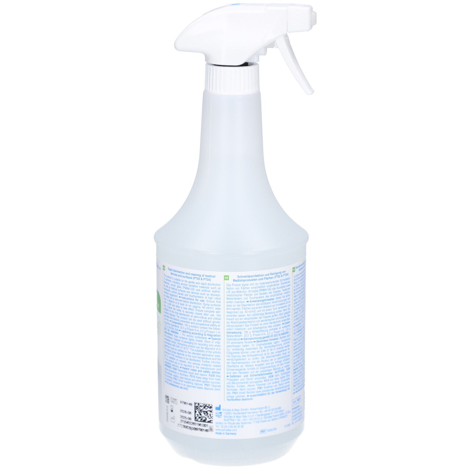 Transparente Sprühflasche mit weißem Sprühkopf. Rückseite mit Text und Warnsymbolen.