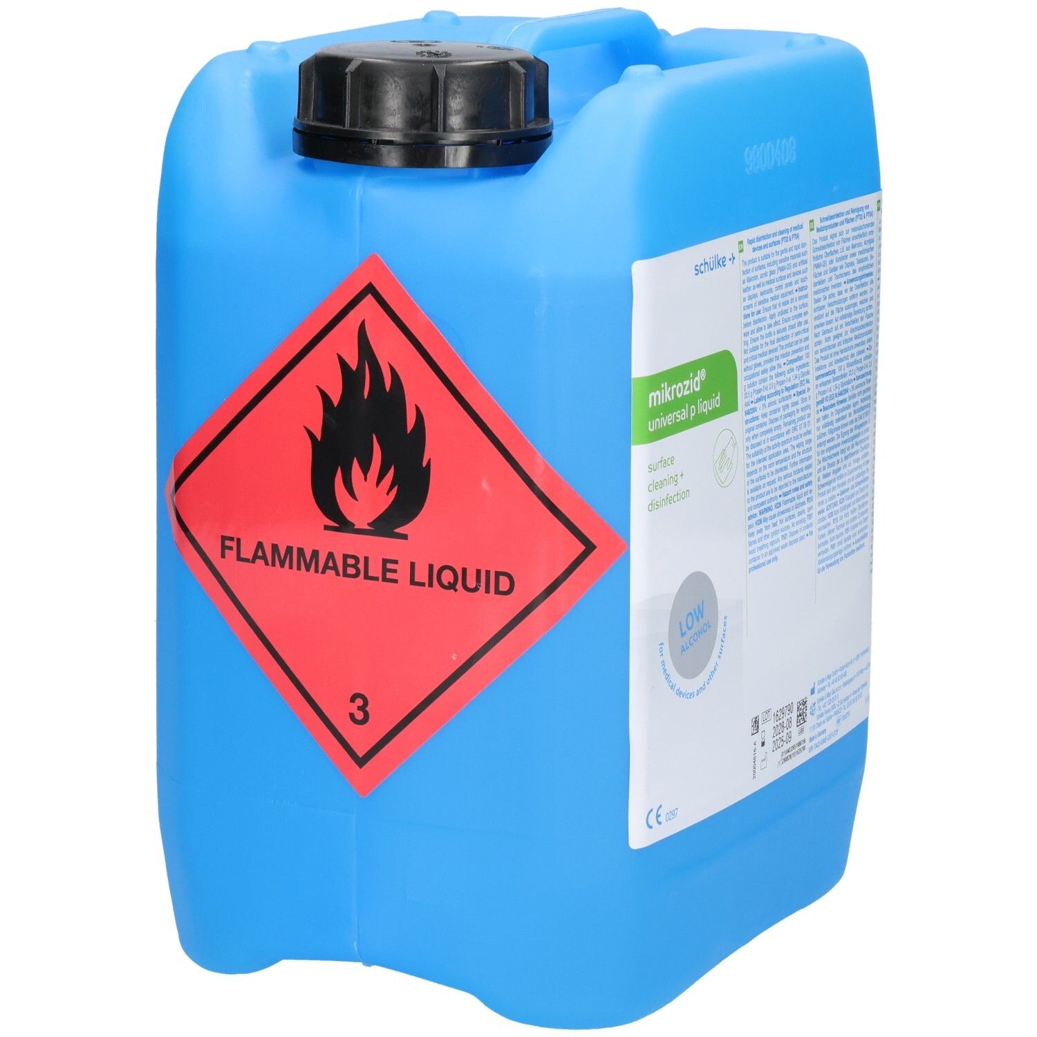 Blauer Kanister mit schwarzem Deckel. Rotes Warnsymbol für brennbare Flüssigkeit. Aufschrift: FLAMMABLE LIQUID.