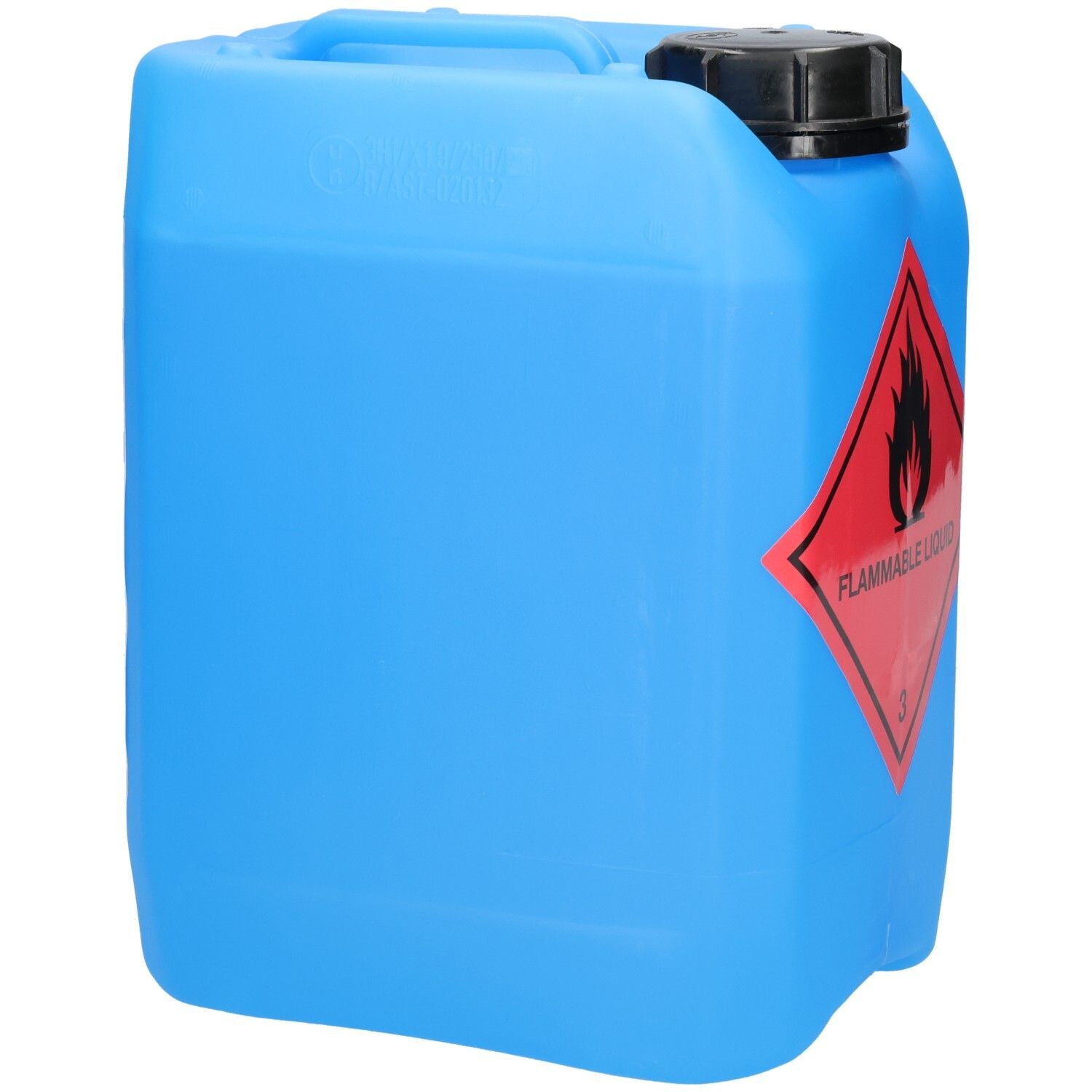 Blauer Kanister mit schwarzem Deckel. Rotes Warnsymbol für brennbare Flüssigkeit. Aufschrift: FLAMMABLE LIQUID.