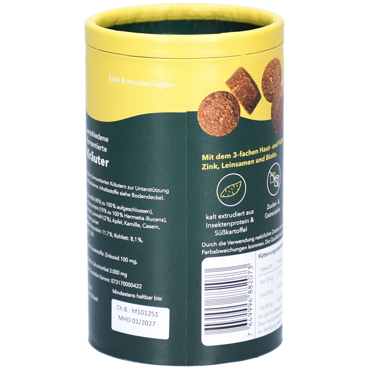 Zylindrische Dose, Rückseite. Oben gelb, unten grün. Aufdruck: Produktinformationen, fermentierte Kräuter, Zink, Leinsamen, Biotin, MHD.