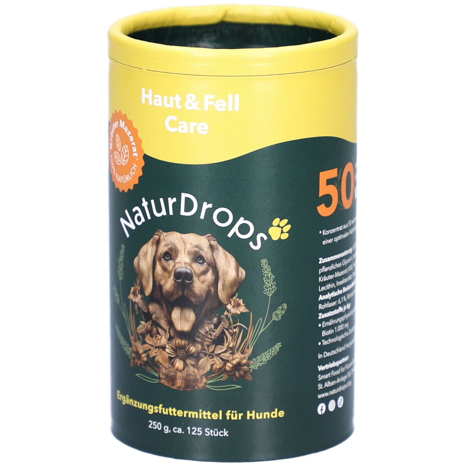 Zylindrische Dose mit Produktaufdruck. Oben gelb, unten grün. Aufdruck: Haut & Fell Care, NaturDrops, Hundefoto, Ergänzungsfuttermittel, 50.
