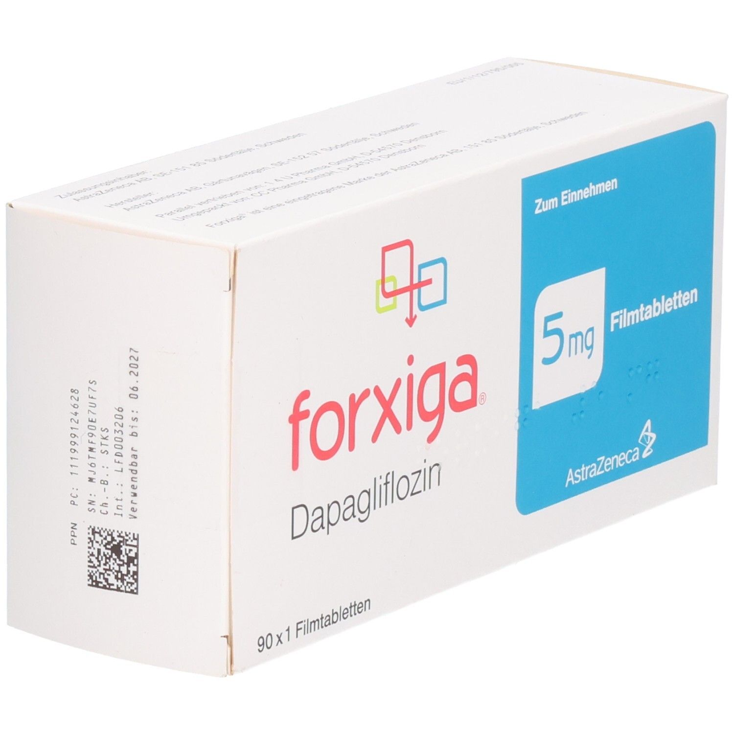 Weiße Schachtel FORXIGA 5 mg Filmtabletten. Aufschrift: Dapagliflozin, 90 x 1 Filmtabletten. Blaue Fläche mit 5 mg. AstraZeneca Logo.