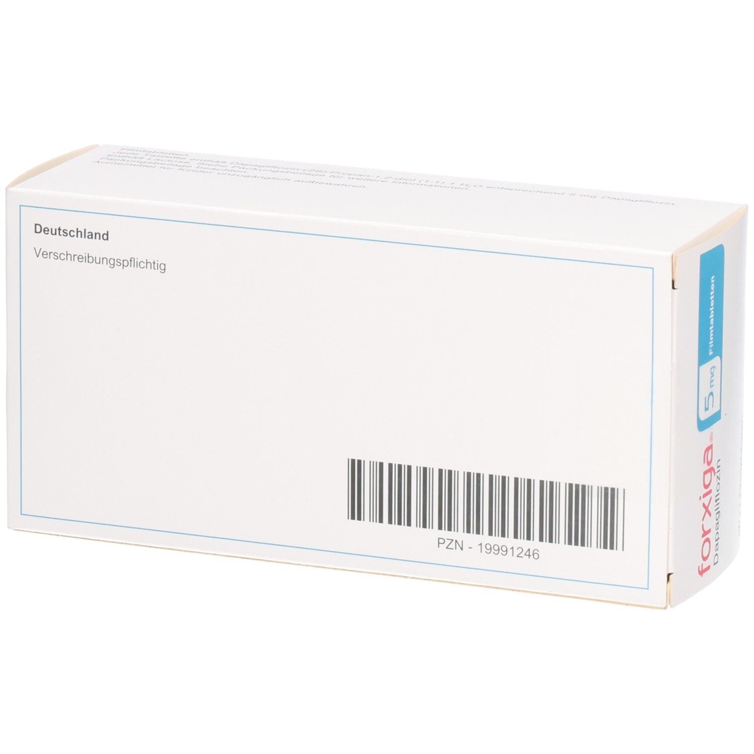 Weiße Schachtel mit Barcode und Text. Aufschrift: Deutschland, Verschreibungspflichtig. PZN-19991246.