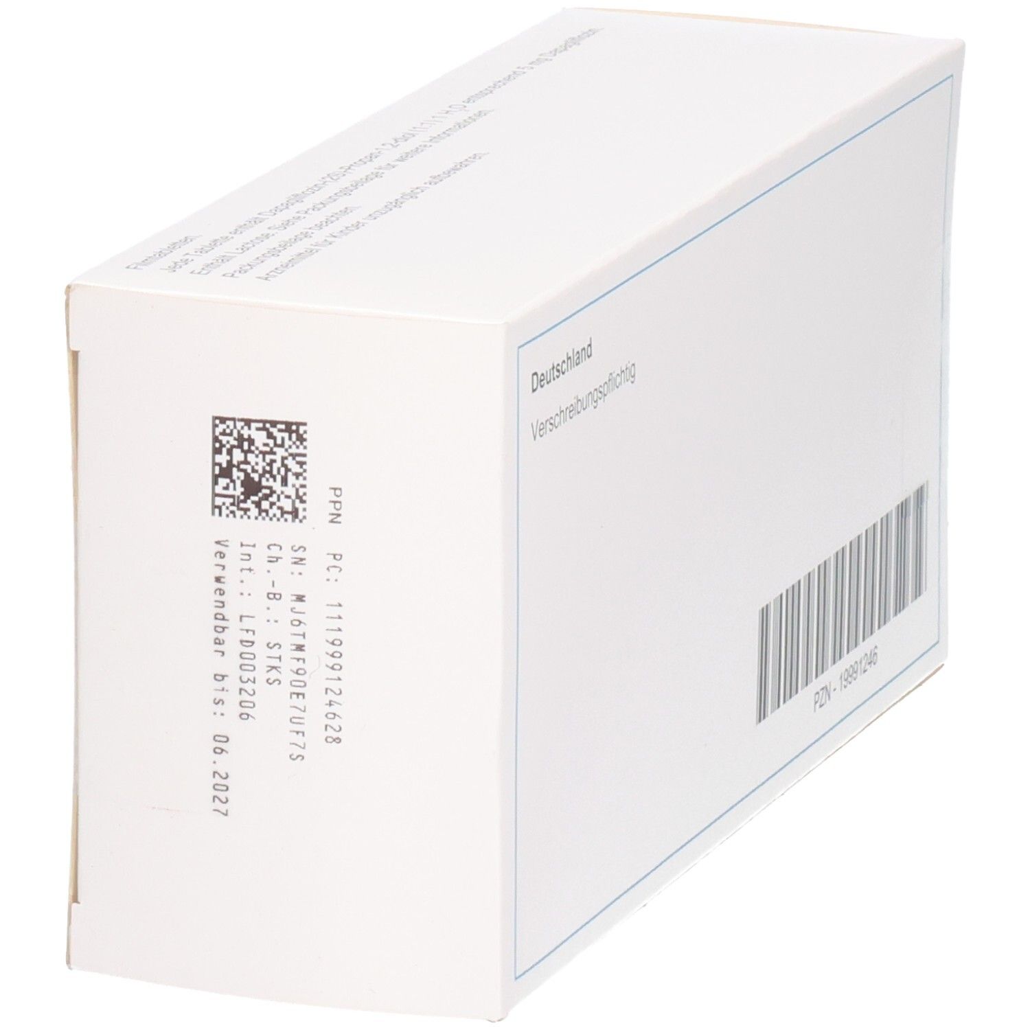 Weiße Schachtel mit Barcode und Text. Aufschrift: Deutschland, Verschreibungspflichtig. PZN-19991246.