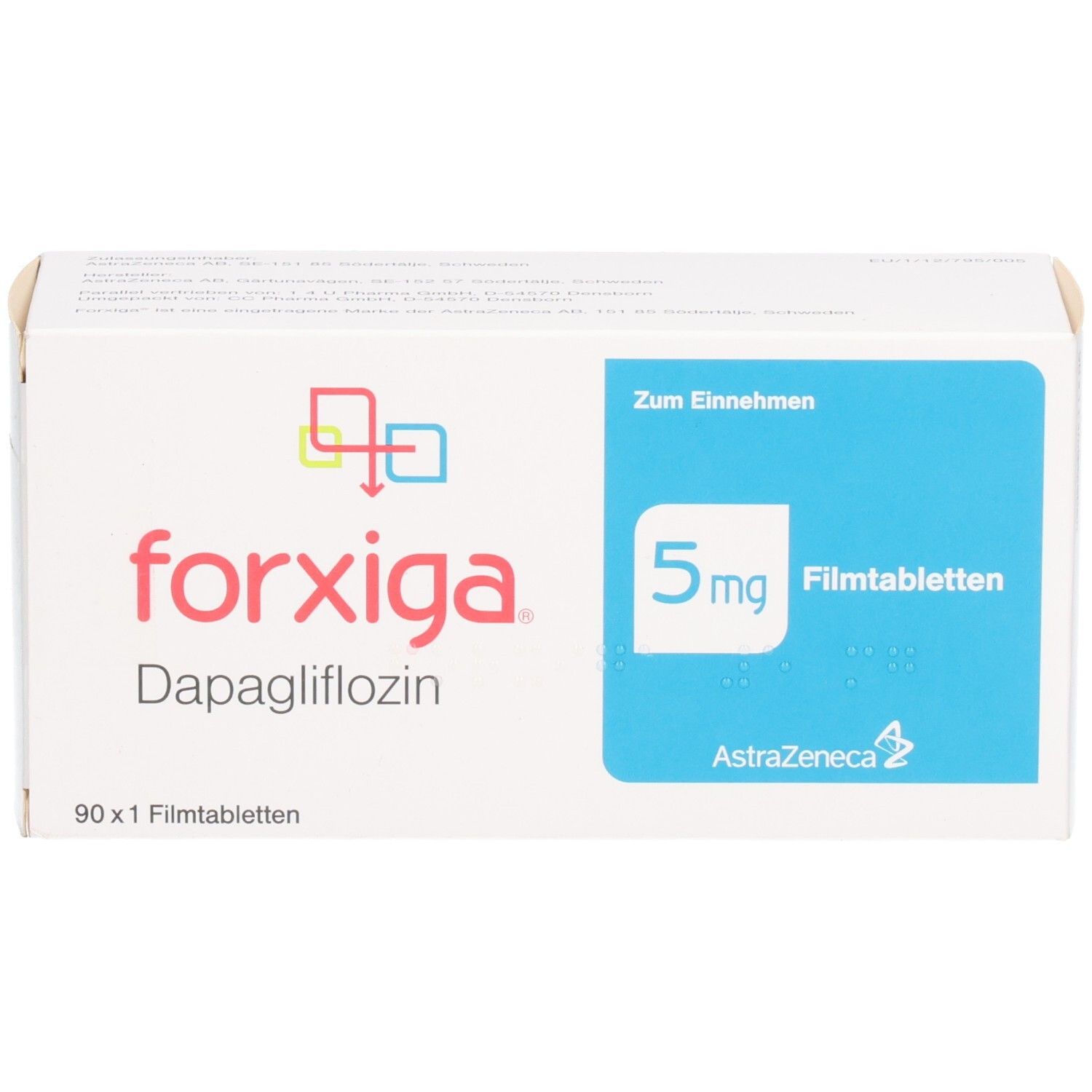 Weiße Schachtel FORXIGA 5 mg Filmtabletten. Aufschrift: Dapagliflozin, 90 x 1 Filmtabletten. Blaue Fläche mit 5 mg. AstraZeneca Logo.