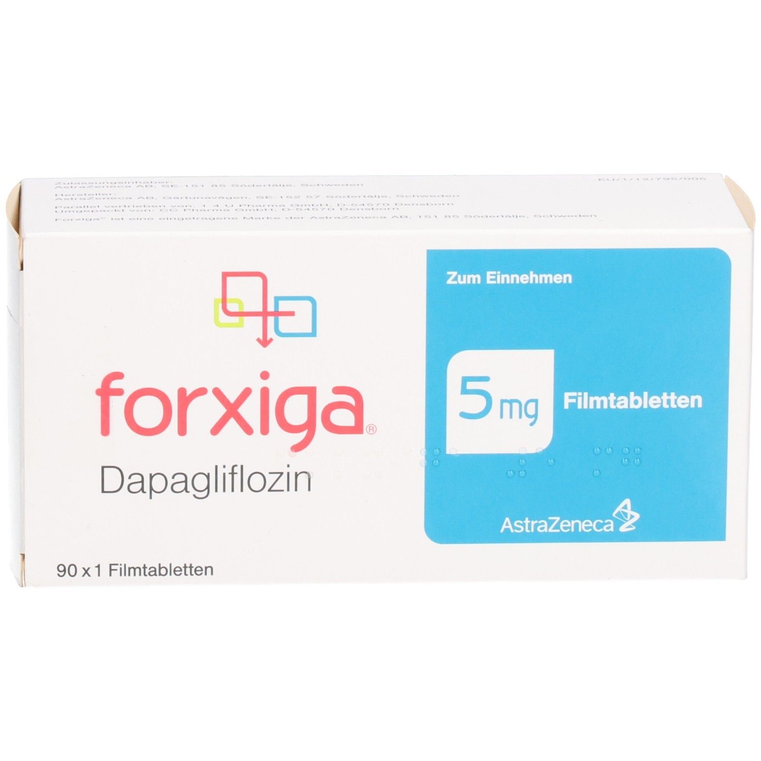 Weiße Schachtel FORXIGA 5 mg Filmtabletten. Aufschrift: Dapagliflozin, 90 x 1 Filmtabletten. Blaue Fläche mit 5 mg. AstraZeneca Logo.