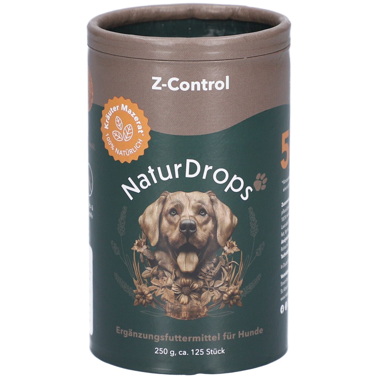 Zylindrische Dose mit Produktaufdruck. Aufschrift: NaturDrops, Z-Control, Ergänzungsfuttermittel für Hunde. Abbildung eines Hundes.