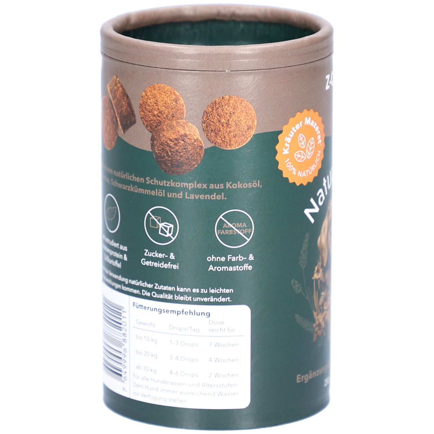 Rückseite der Dose. Abbildung von Futterkroketten. Text: Zucker- & Getreidefrei, ohne Farb- & Aromastoffe. Fütterungsempfehlung.