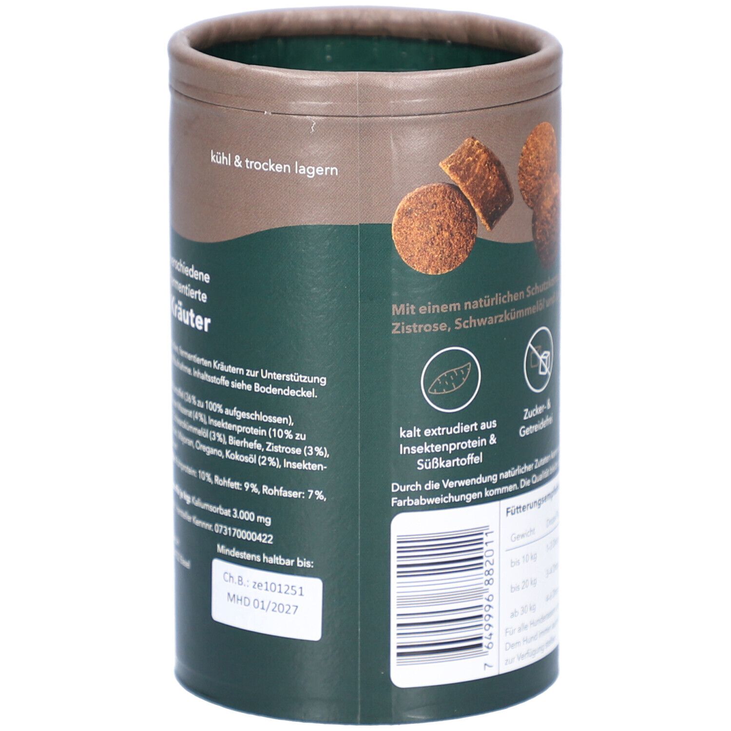 Rückseite der Dose. Text: Kühl & trocken lagern. Zutatenliste, Mindesthaltbarkeitsdatum und Chargennummer.