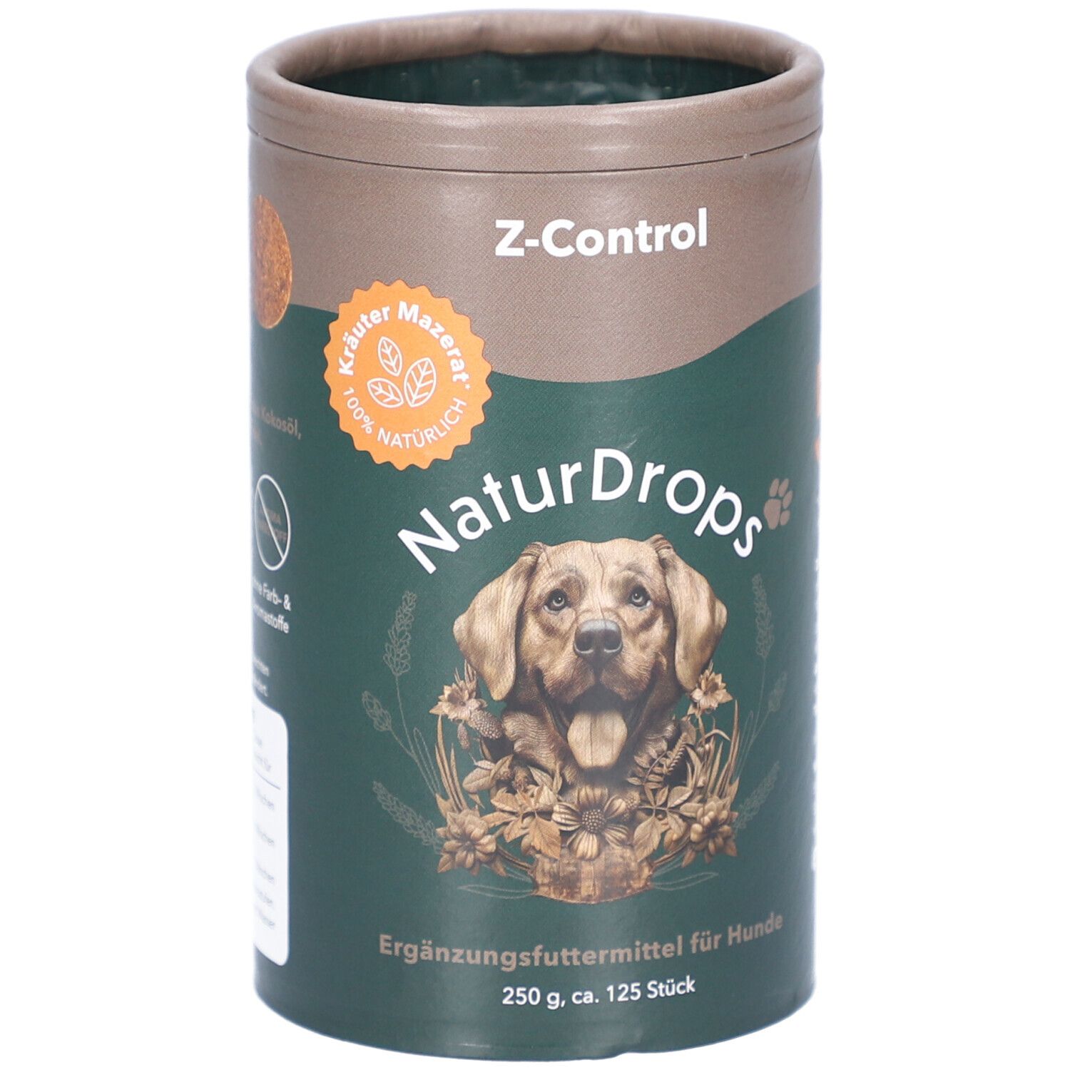 Zylindrische Dose mit Produktaufdruck. Aufschrift: NaturDrops, Z-Control, Ergänzungsfuttermittel für Hunde. Abbildung eines Hundes.