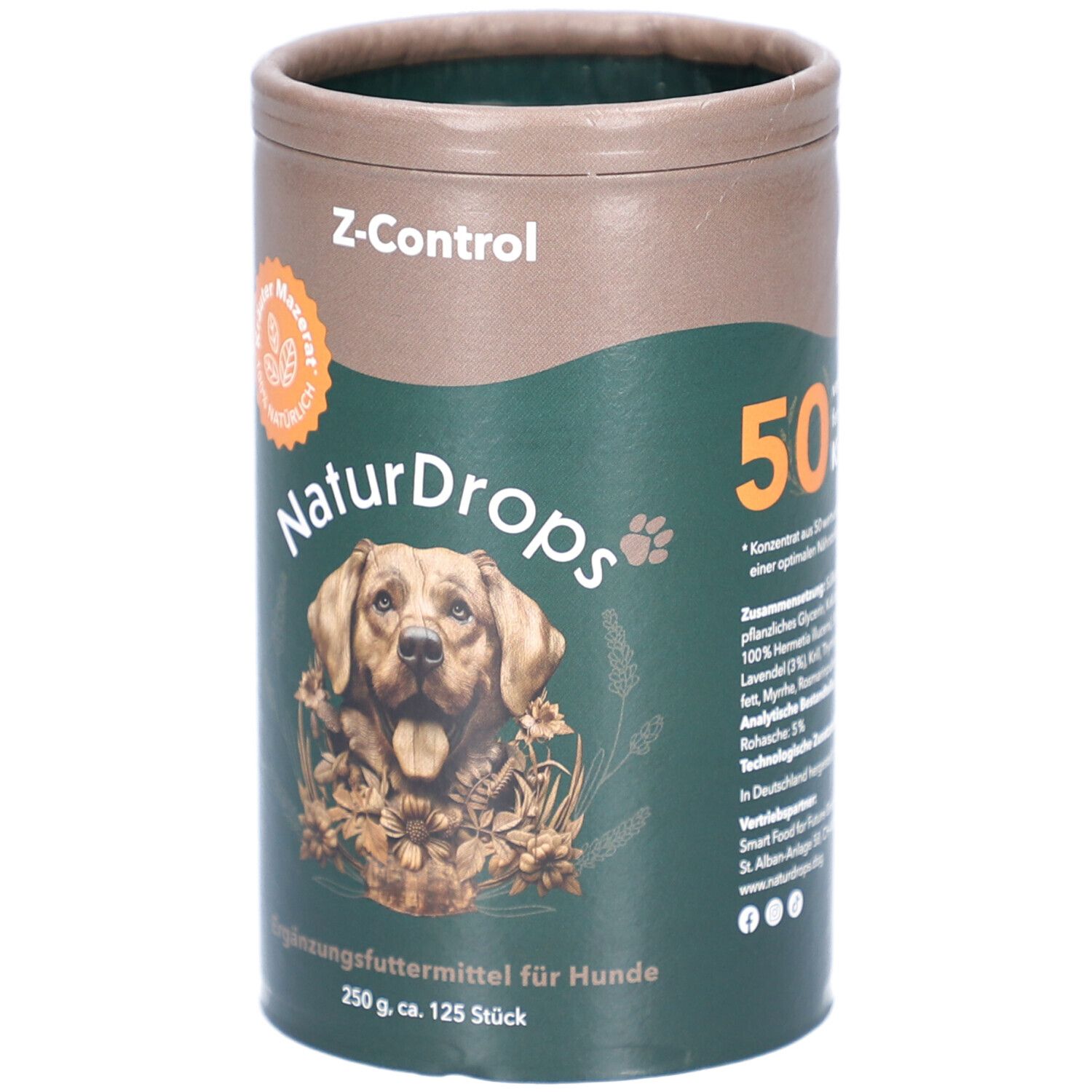 Zylindrische Dose mit Produktaufdruck. Aufschrift: NaturDrops, Z-Control, Ergänzungsfuttermittel für Hunde. Abbildung eines Hundes.