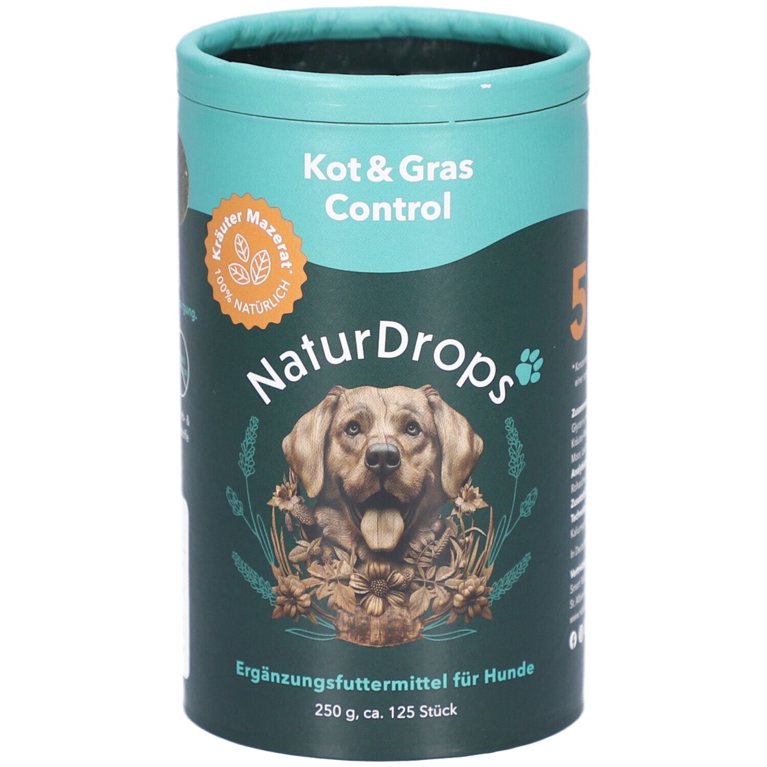 Zylindrische Dose mit Produktabbildung. Aufschrift: Kot & Gras Control, NaturDrops, Ergänzungsfuttermittel für Hunde. Bild eines Hundes.