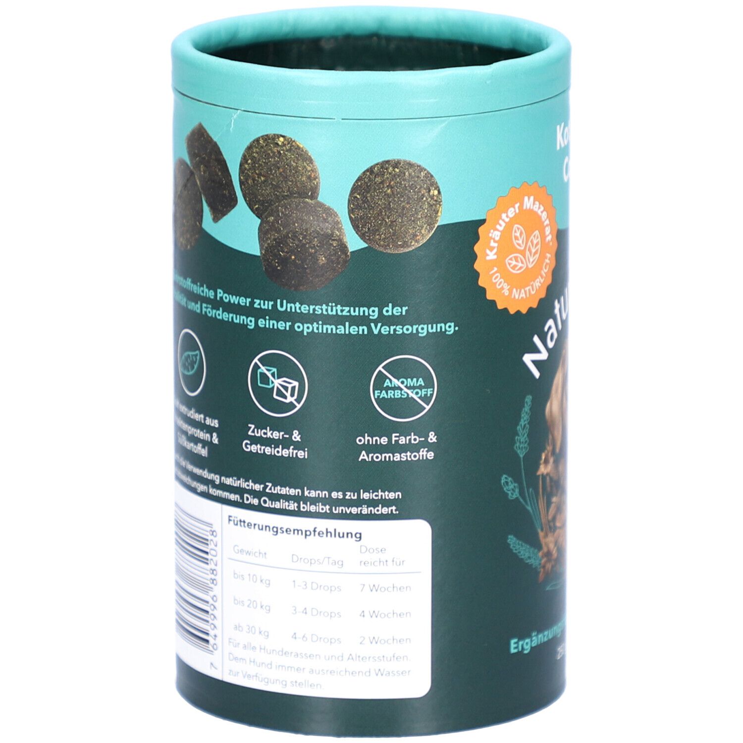 Zylindrische Dose mit Produktinformationen. Aufschrift: Zucker- & Getreidefrei, Aroma Farbstofffrei. Abbildung von Tabletten.