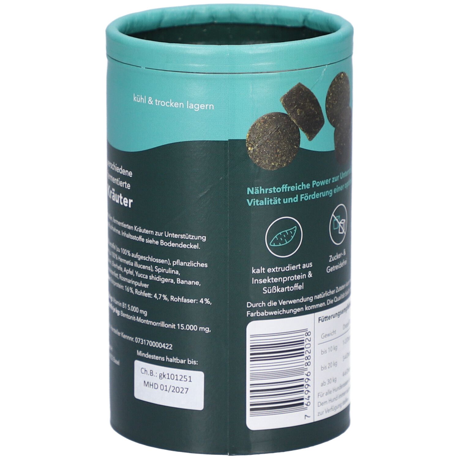 Zylindrische Dose mit Produktinformationen. Aufschrift: Kühl & trocken lagern. Zutatenliste und Haltbarkeitsdatum.