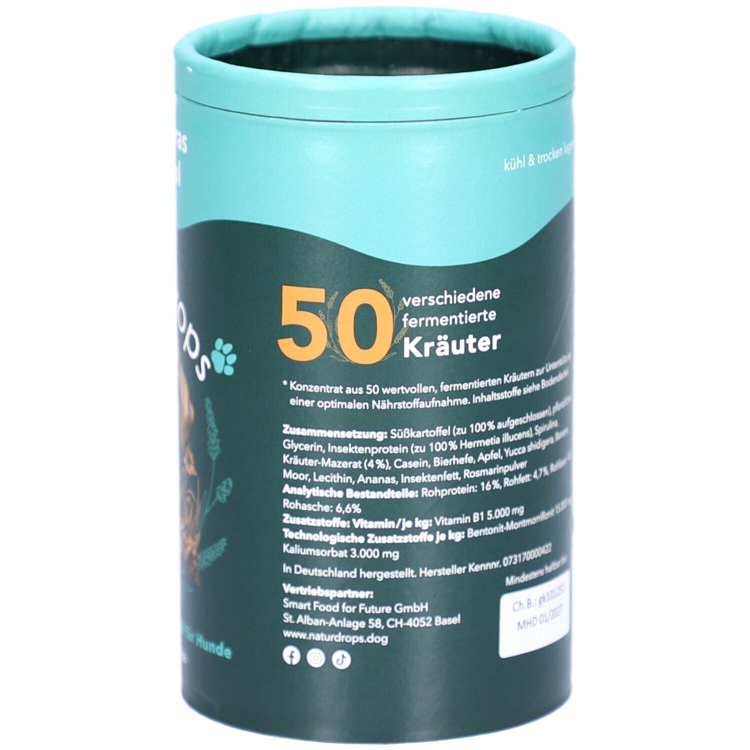 Zylindrische Dose mit Produktinformationen. Aufschrift: 50 verschiedene fermentierte Kräuter. Zutatenliste und Herstellerinformationen.