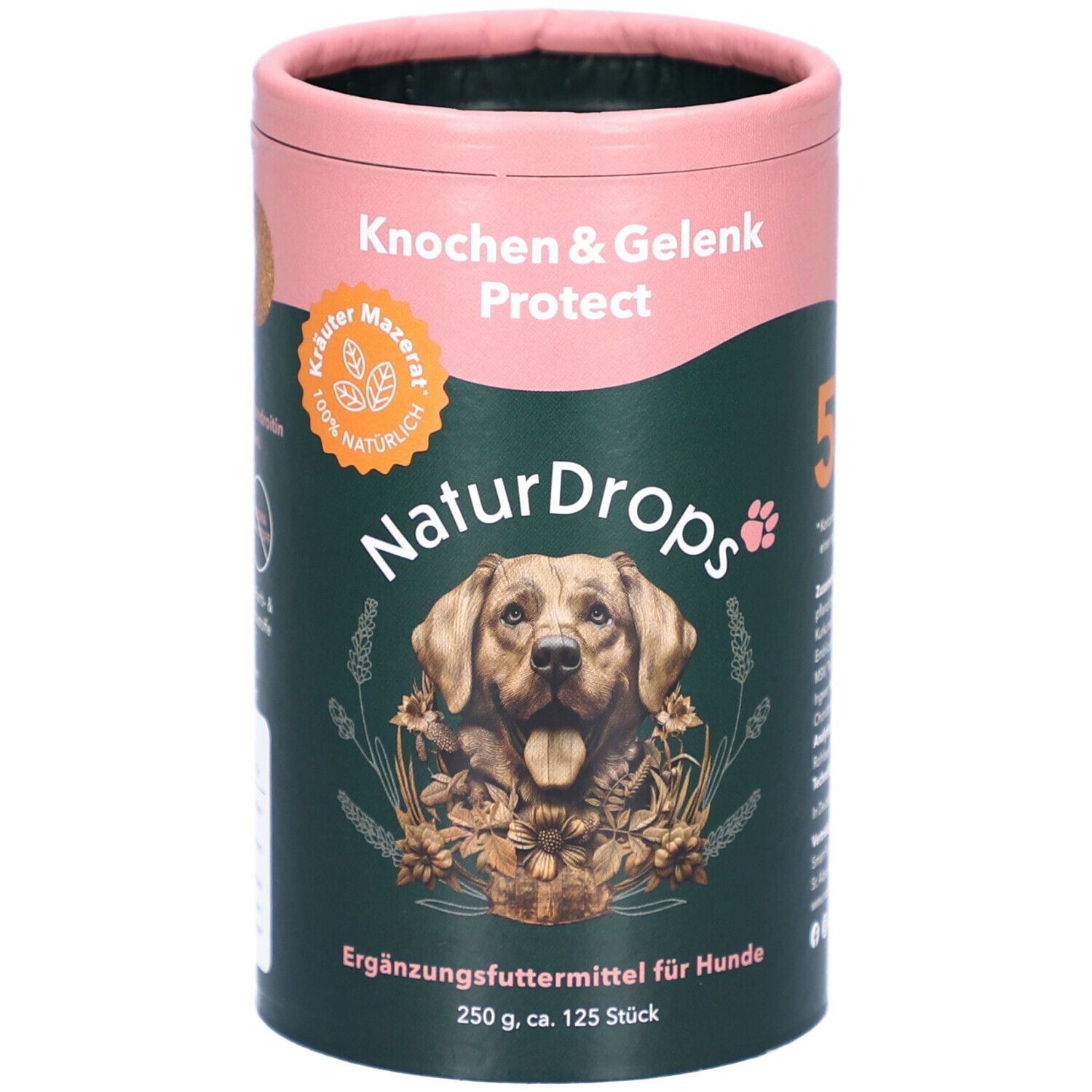 Zylindrische Dose mit Produktaufdruck. Rosa Deckel, grüner Hintergrund. Text: Knochen & Gelenk Protect, NaturDrops, Kräuter Mazerat, Hund.