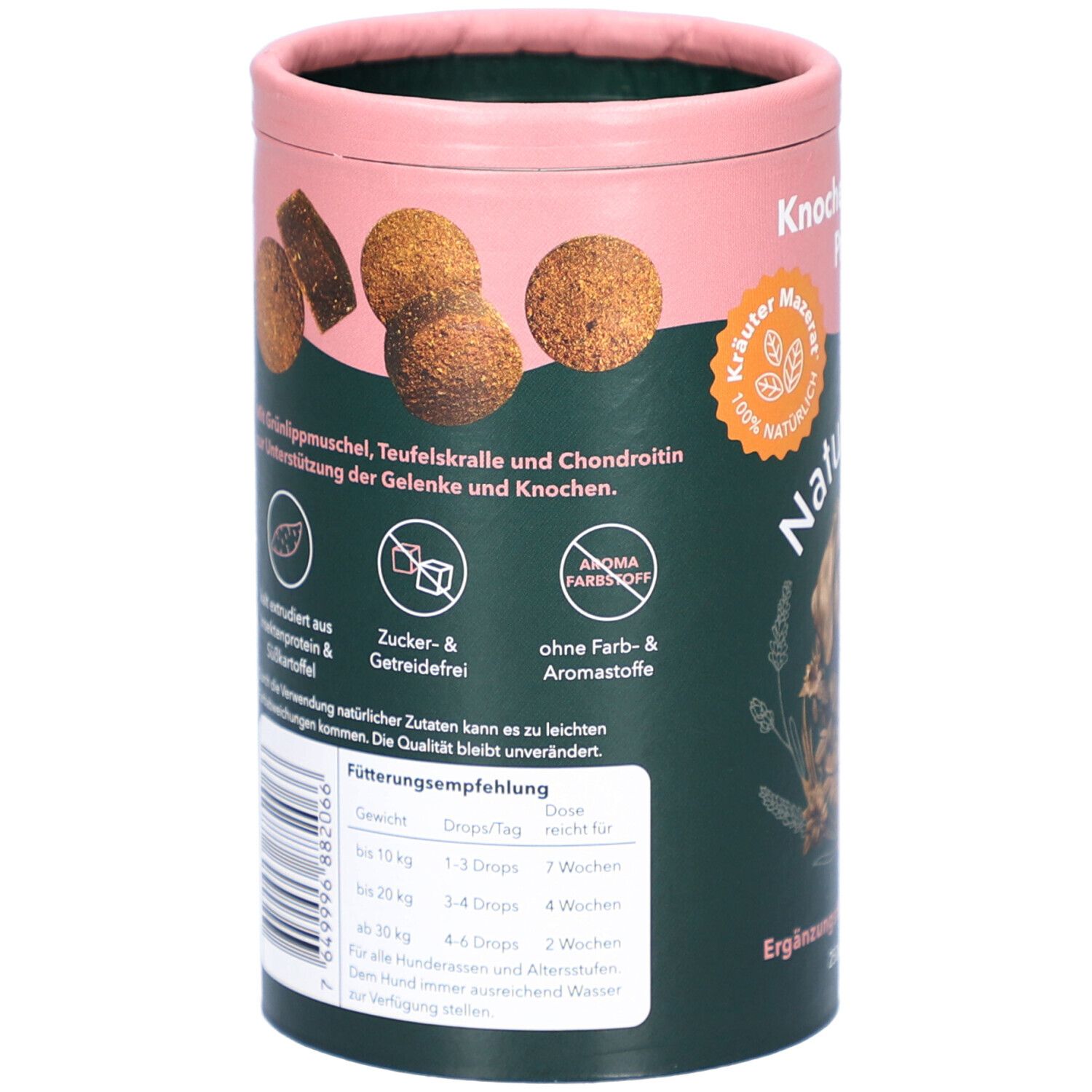 Rückseite der Dose. Abbildung von Futterbrocken und Kugeln. Text: Inhaltsstoffe, Fütterungsempfehlung, zucker- und getreidefrei, ohne Farb- und Aromastoffe.