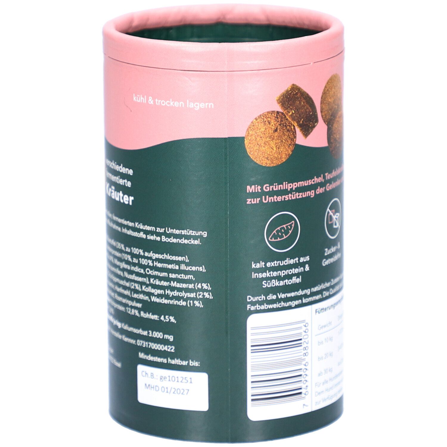 Rückseite der Dose. Text: Inhaltsstoffe, kühl & trocken lagern, Mindestens haltbar bis, Chargennummer.