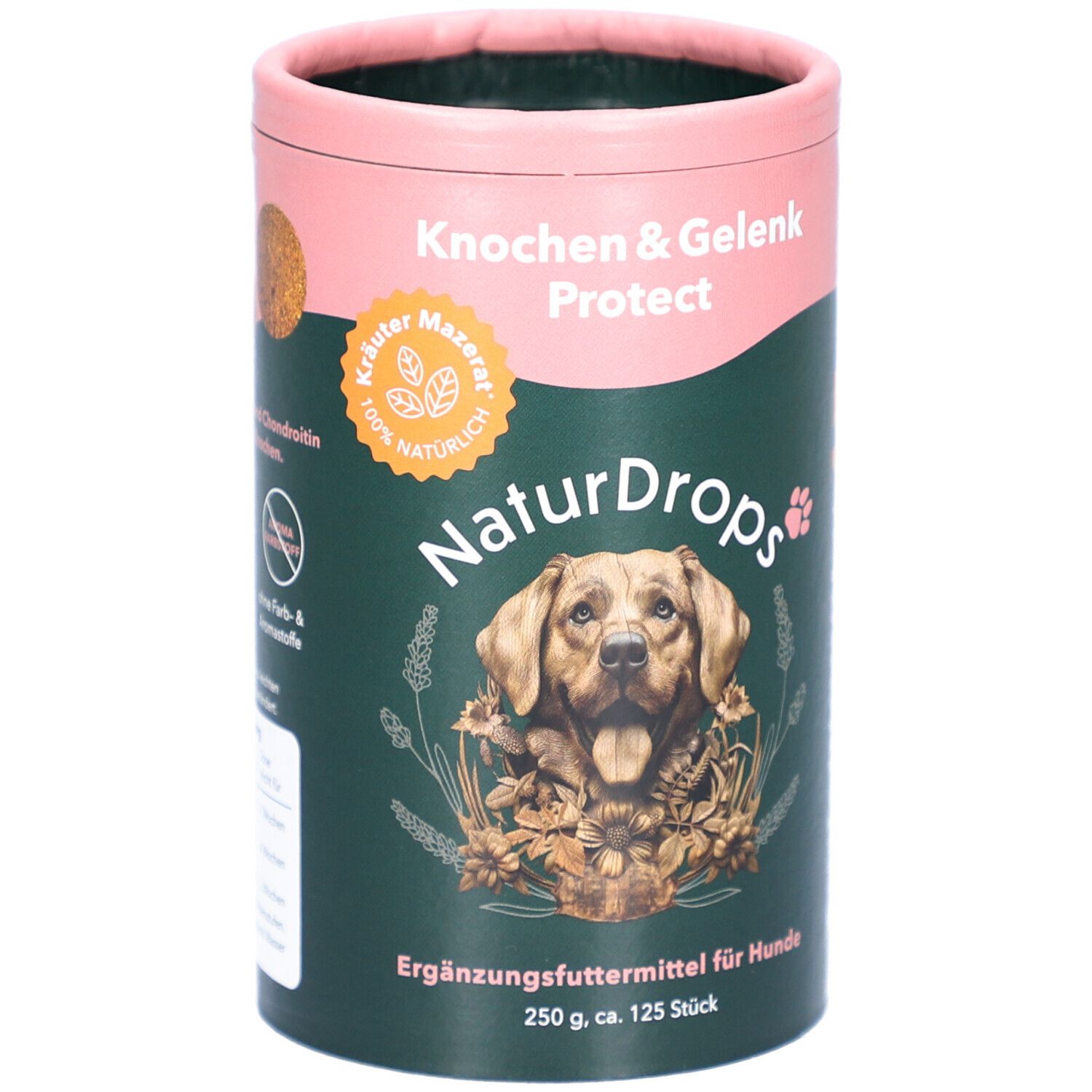 Zylindrische Dose. Rosa Deckel, grüner Hintergrund. Text: Knochen & Gelenk Protect, NaturDrops, Kräuter Mazerat, Hund.