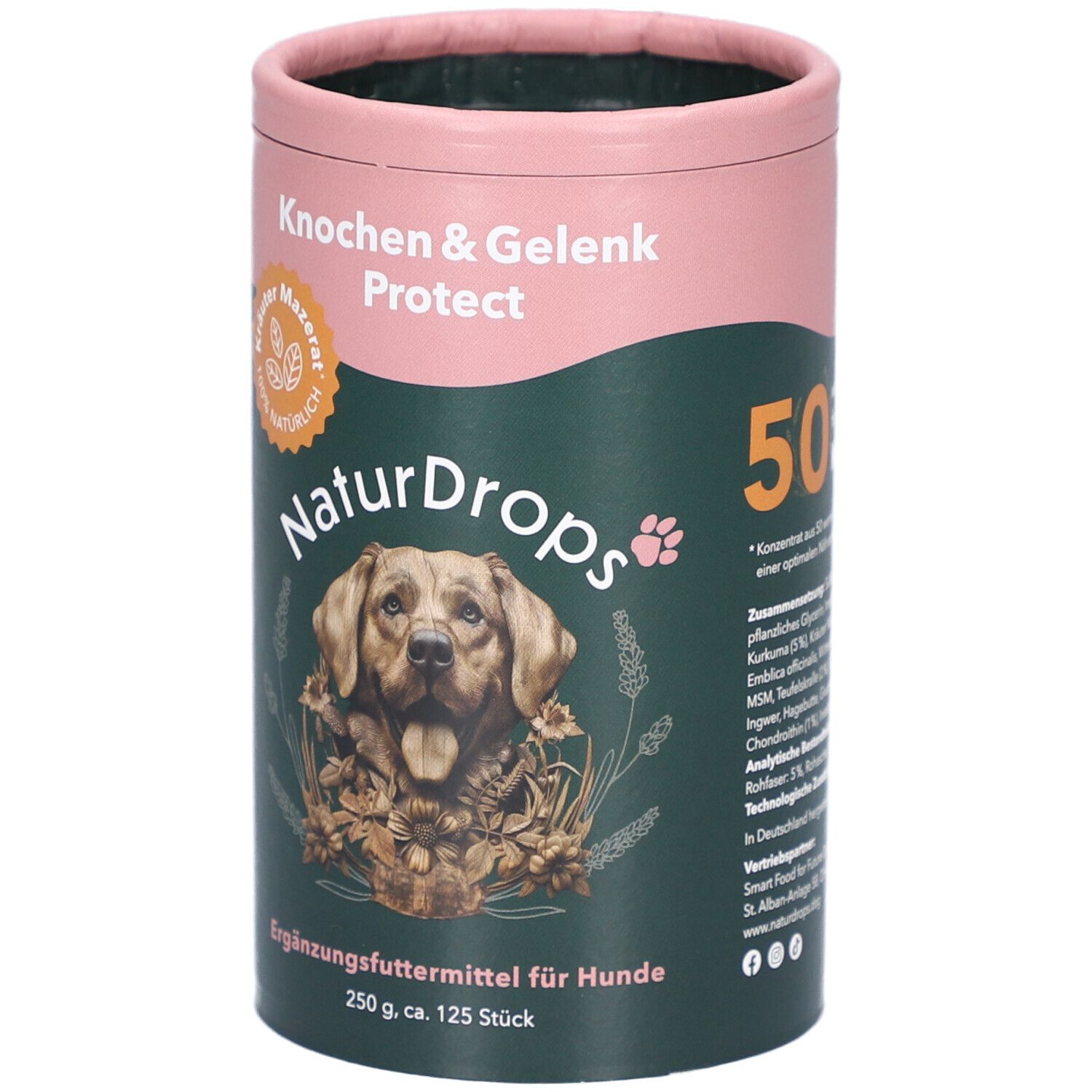Zylindrische Dose. Rosa Deckel, grüner Hintergrund. Text: Knochen & Gelenk Protect, NaturDrops, 50, Ergänzungsfuttermittel für Hunde.