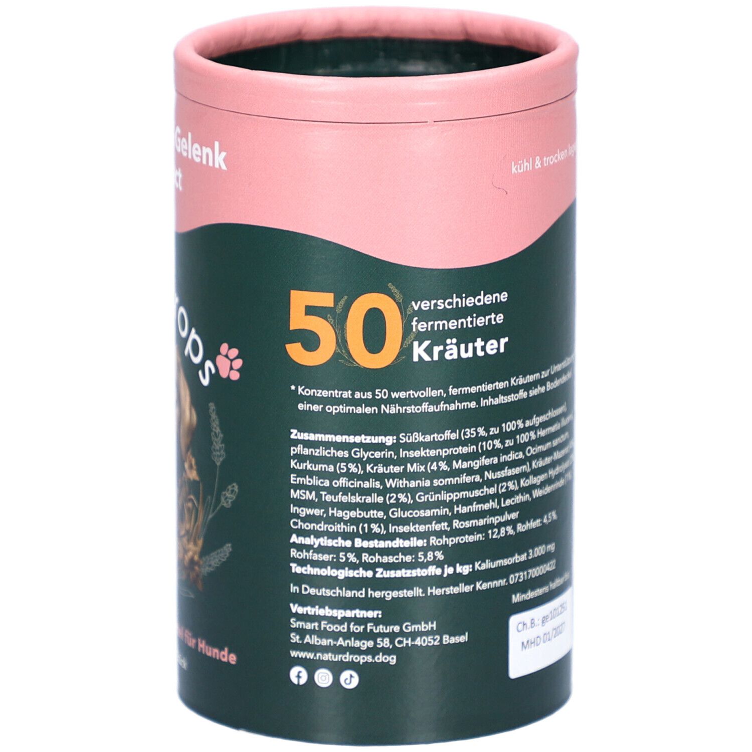 Rückseite der Dose. Text: 50, fermentierte Kräuter, Inhaltsstoffe, analytische Bestandteile, hergestellt in Deutschland.