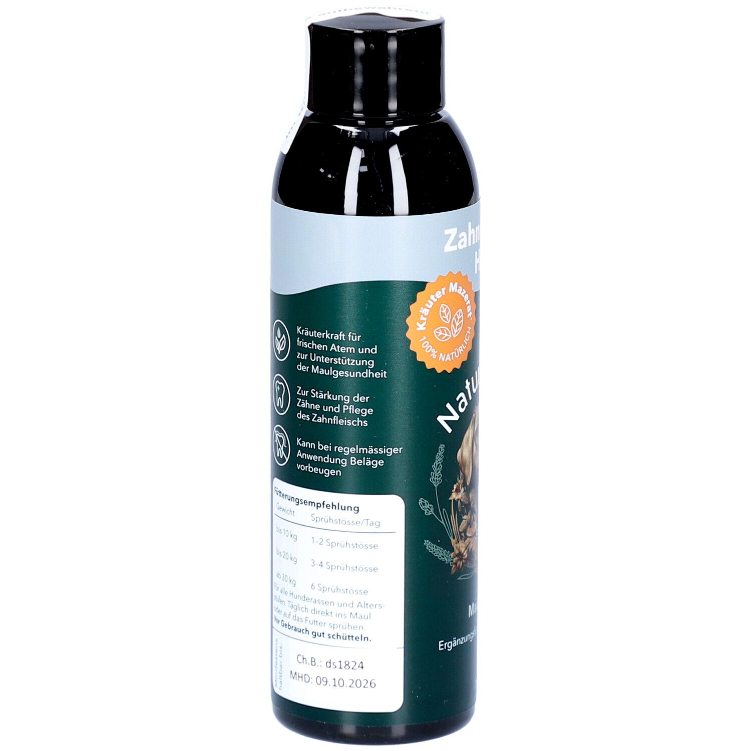 Grüne Flasche mit schwarzem Deckel. Aufschrift: Zahn & Maul Hero, NaturDrops. Text über Inhaltsstoffe und Anwendung.