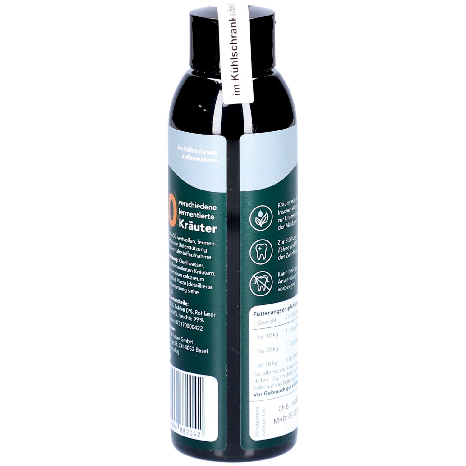 Grüne Flasche mit schwarzem Deckel. Aufschrift: Zahn & Maul Hero, NaturDrops. Text über Inhaltsstoffe und Anwendung.