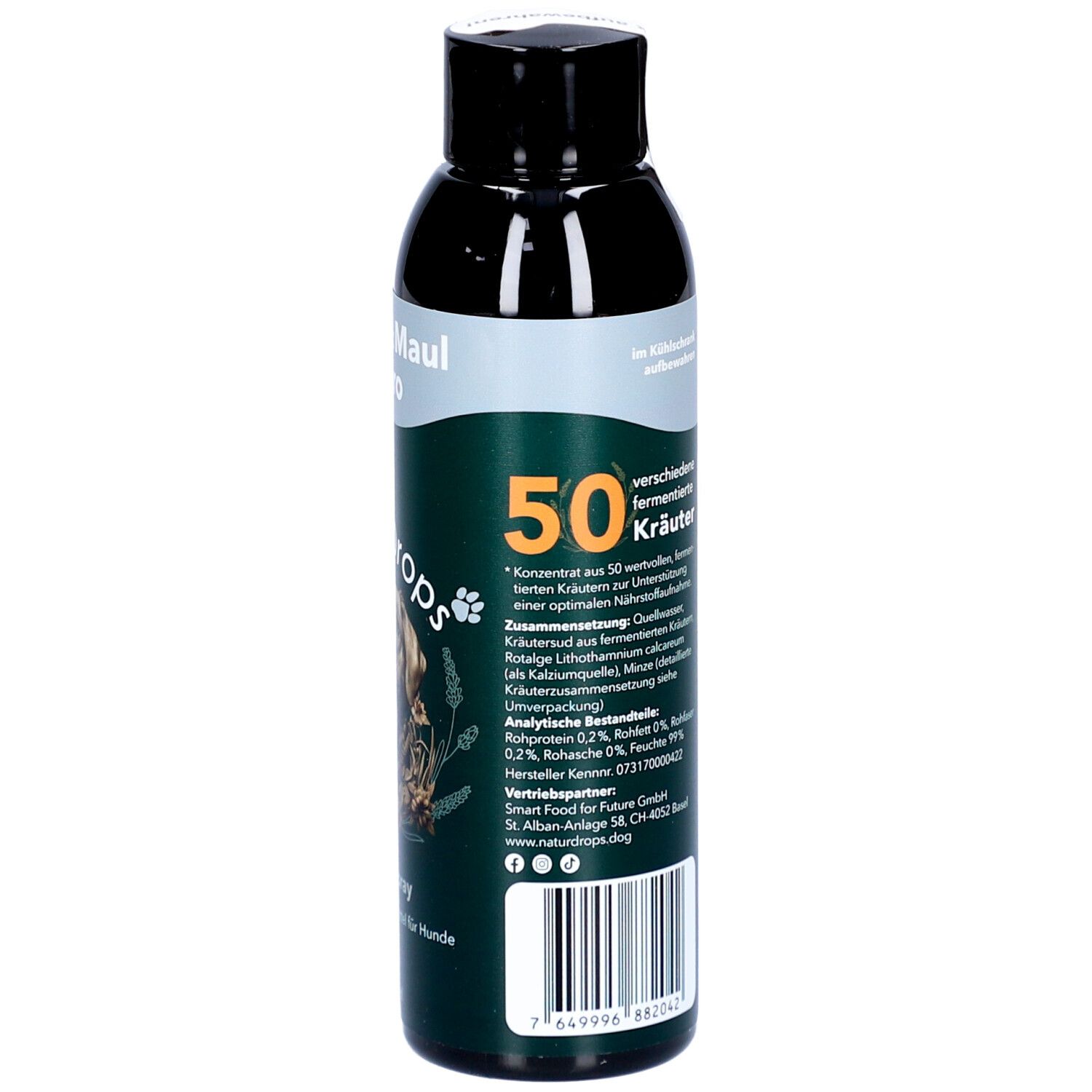 Grüne Flasche mit schwarzem Deckel. Aufschrift: Zahn & Maul Hero, NaturDrops. Text über Inhaltsstoffe und Anwendung.