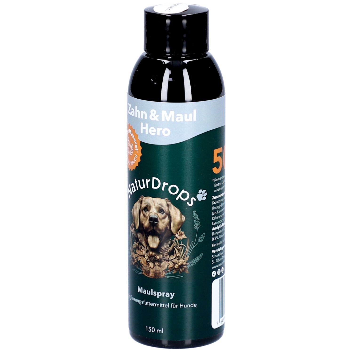 Grüne Flasche mit schwarzem Deckel. Aufschrift: Zahn & Maul Hero, NaturDrops, Maulspray. 150 ml.