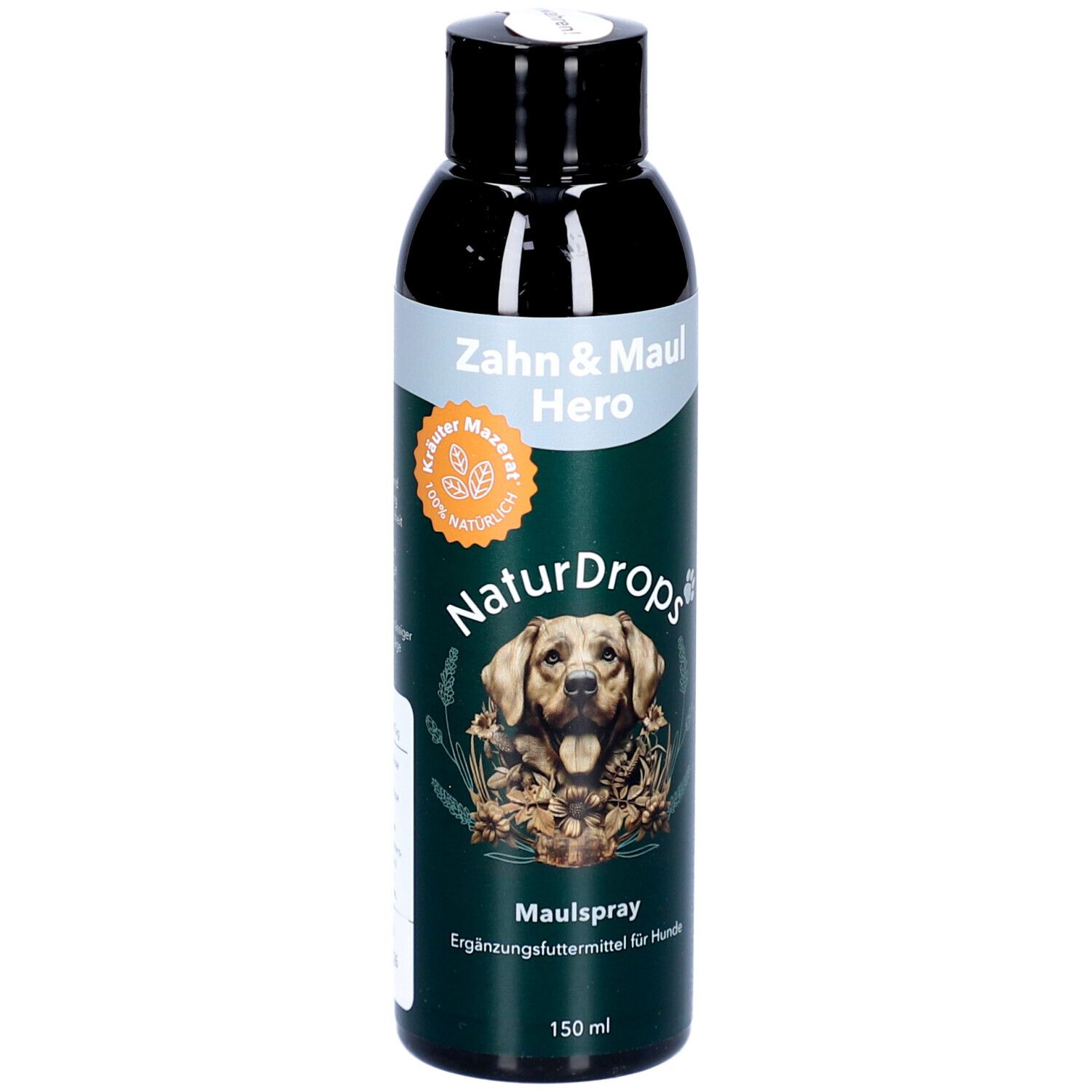 Grüne Flasche mit schwarzem Deckel. Aufschrift: Zahn & Maul Hero, NaturDrops, Maulspray. 150 ml.