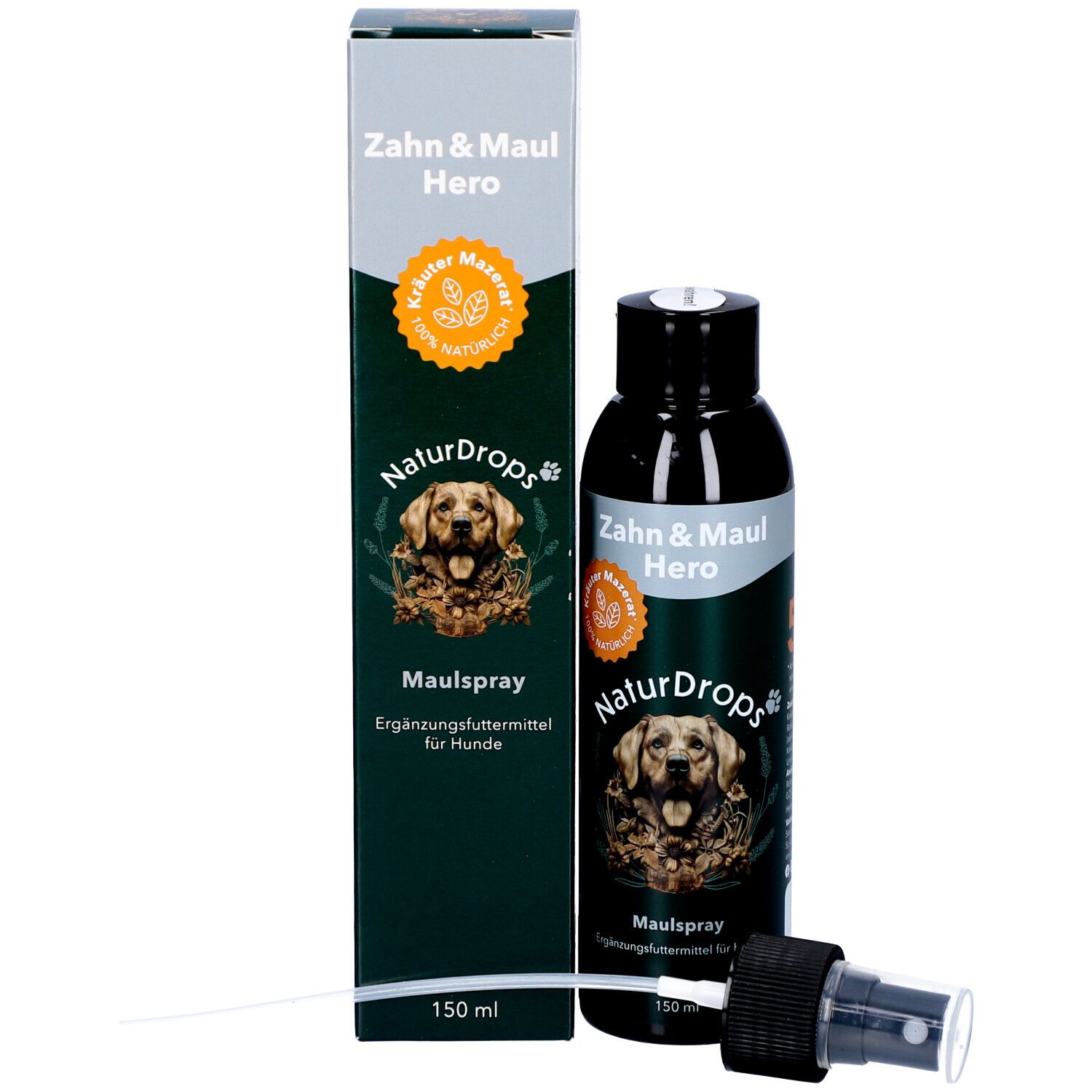 Produktverpackung und Flasche. Aufschrift: Zahn & Maul Hero, NaturDrops, Maulspray. 150 ml. Mit Sprühkopf.