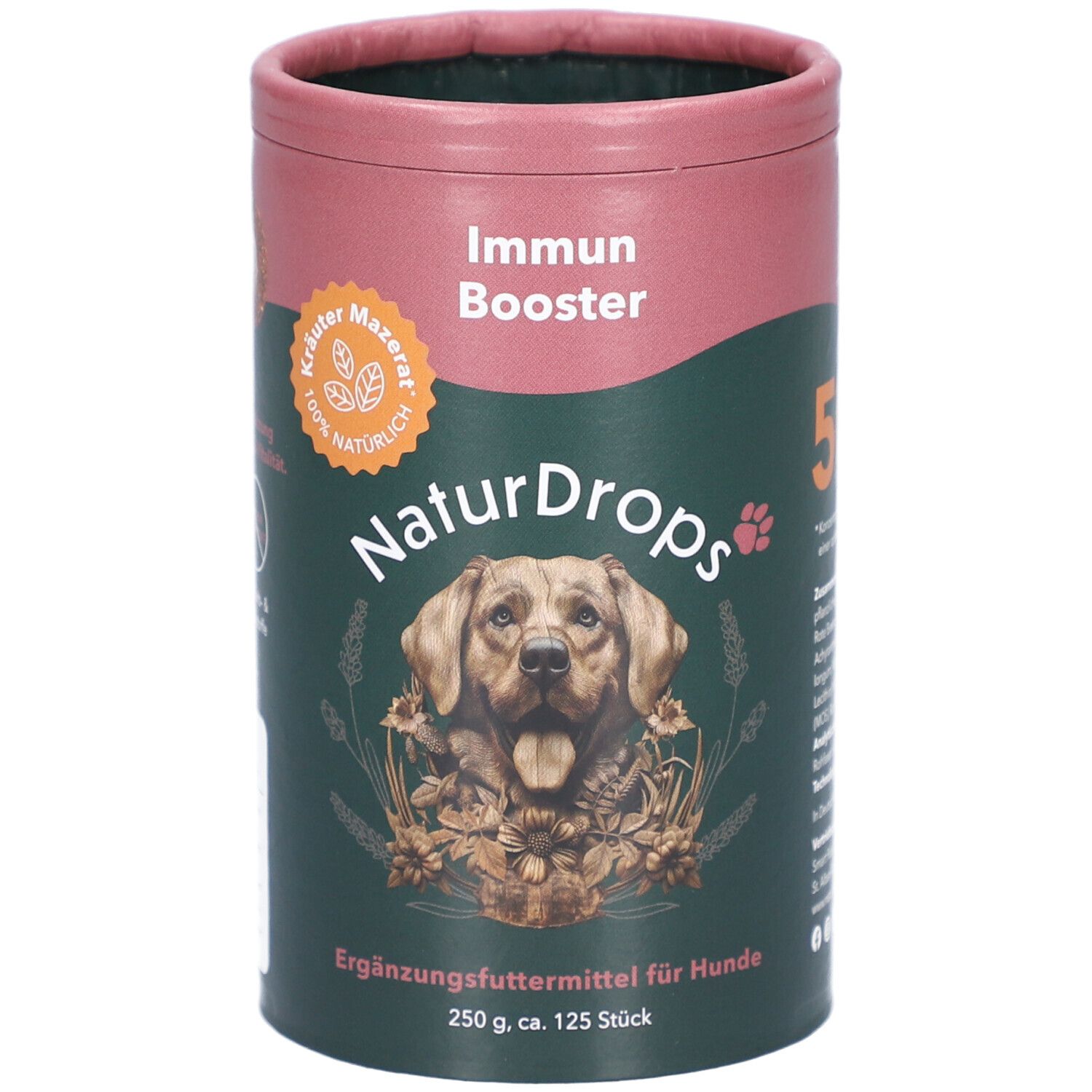 Zylindrische Dose mit Produkt für Hunde. Aufschrift: NaturDrops, Immun Booster. Abbildung eines Hundes.