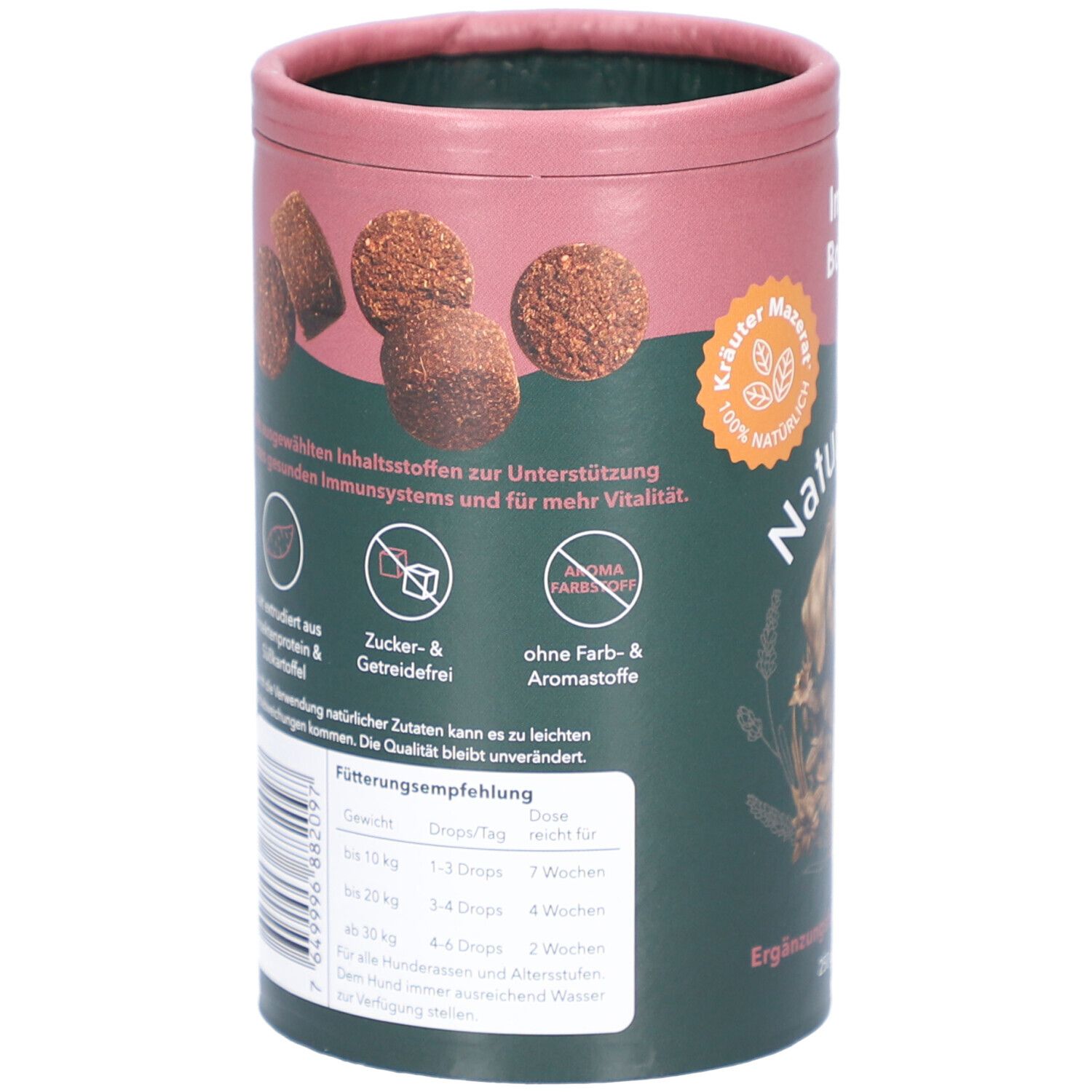 Rückseite der Dose mit Produkt für Hunde. Abbildung von Futterpellets. Text: Inhaltsstoffe, Fütterungsempfehlung.