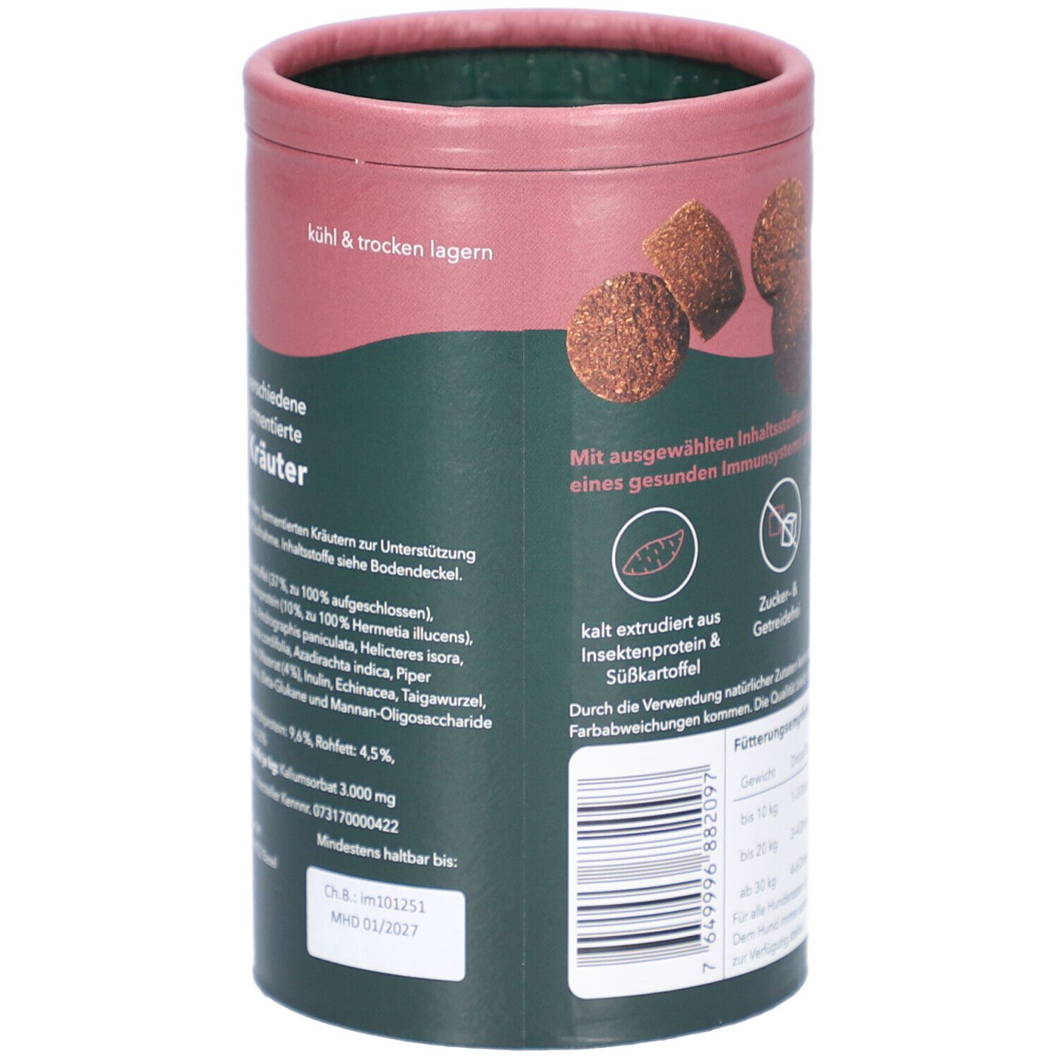 Rückseite der Dose mit Produkt für Hunde. Text: Kräuter, Inhaltsstoffe, Mindesthaltbarkeit.